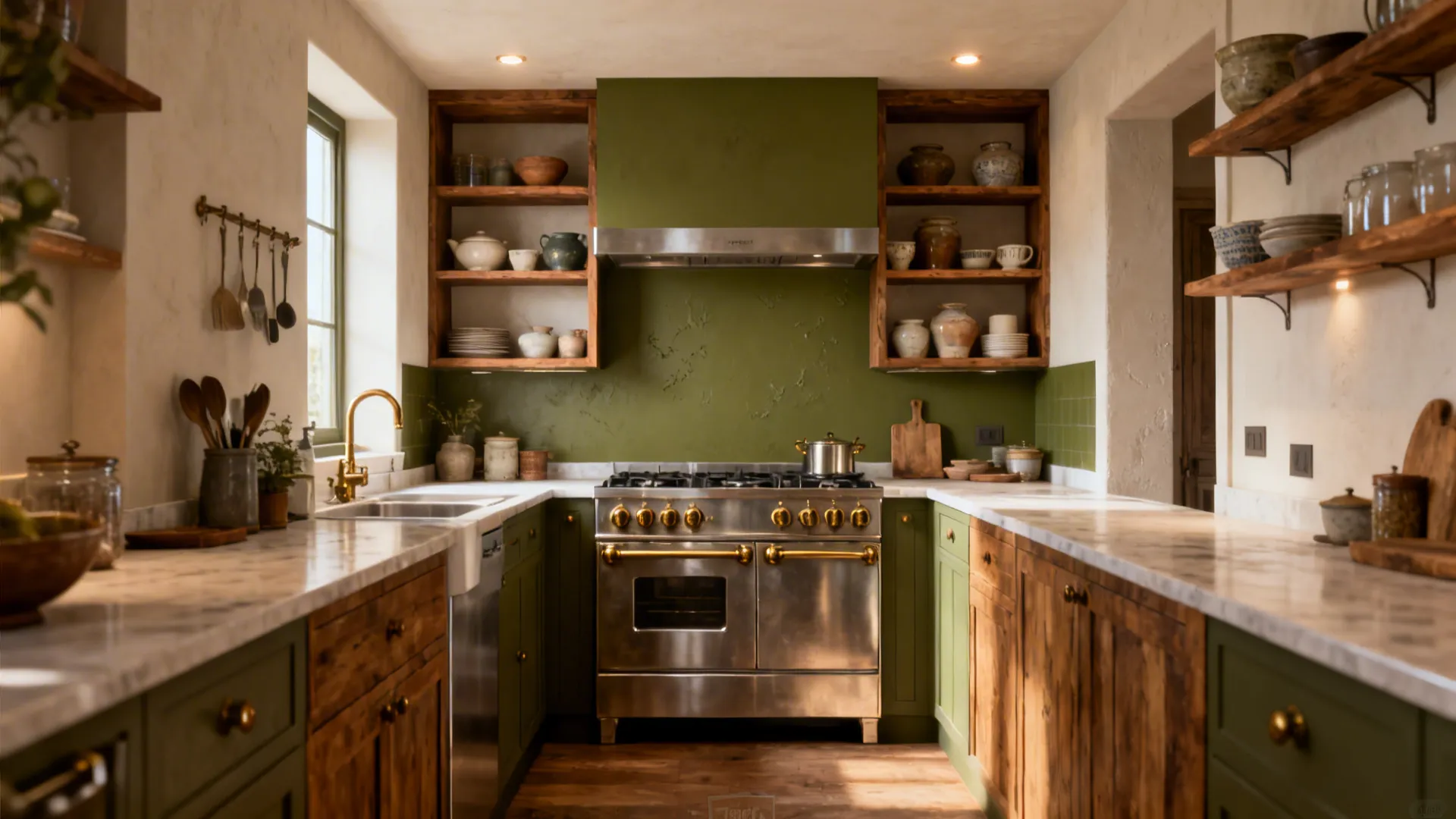 Traditional kitchen with olive green walls wooden cabinets marble countertops and stove with natural light