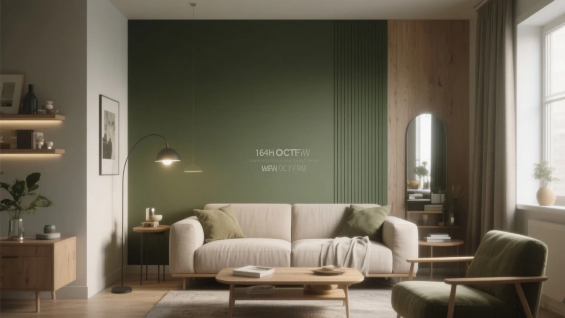 Modern living room with green accent wall beige sofa wood coffee table and floor lamp