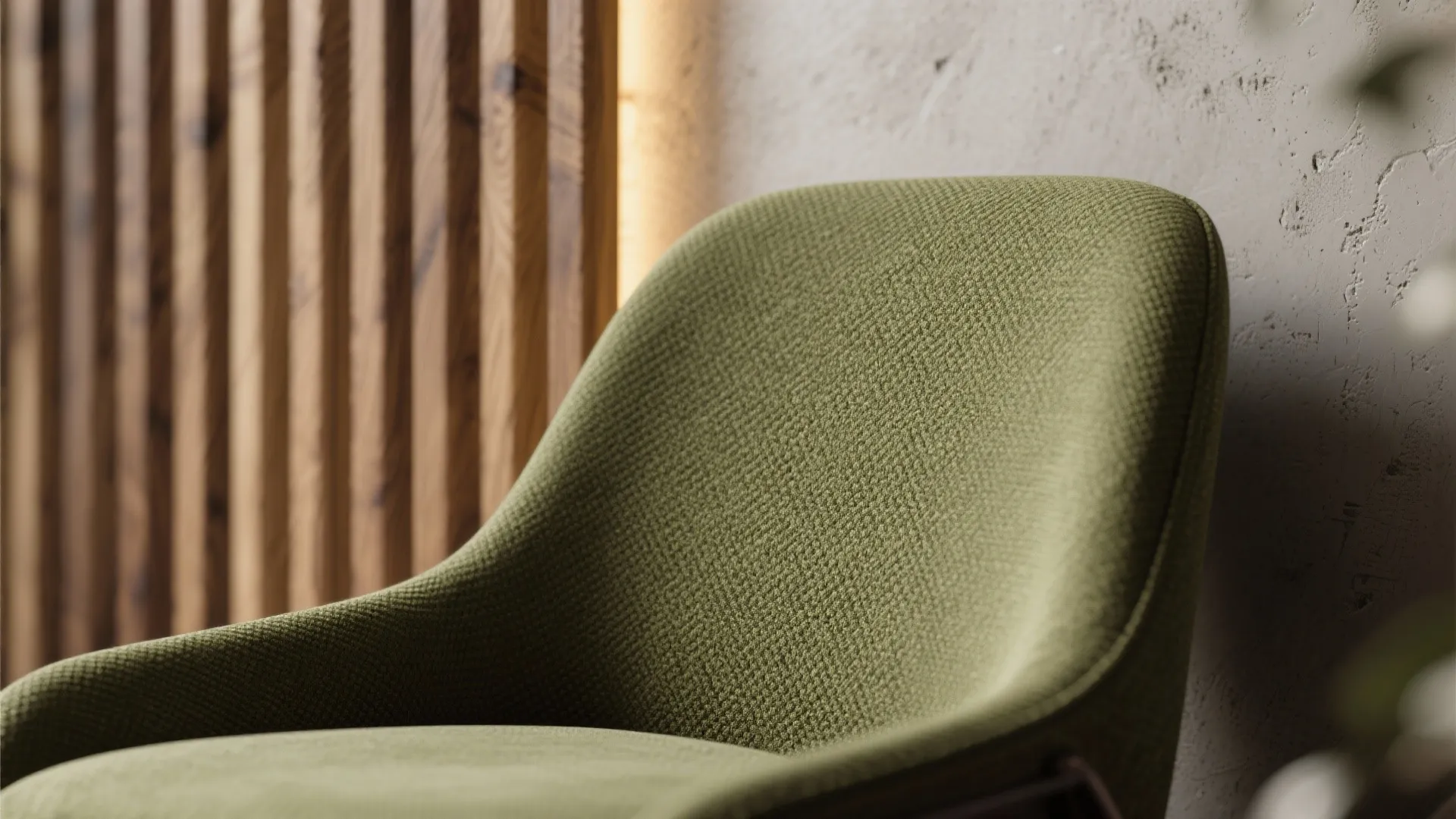 Close up view of green fabric chair against textured wall and vertical wood wall panel