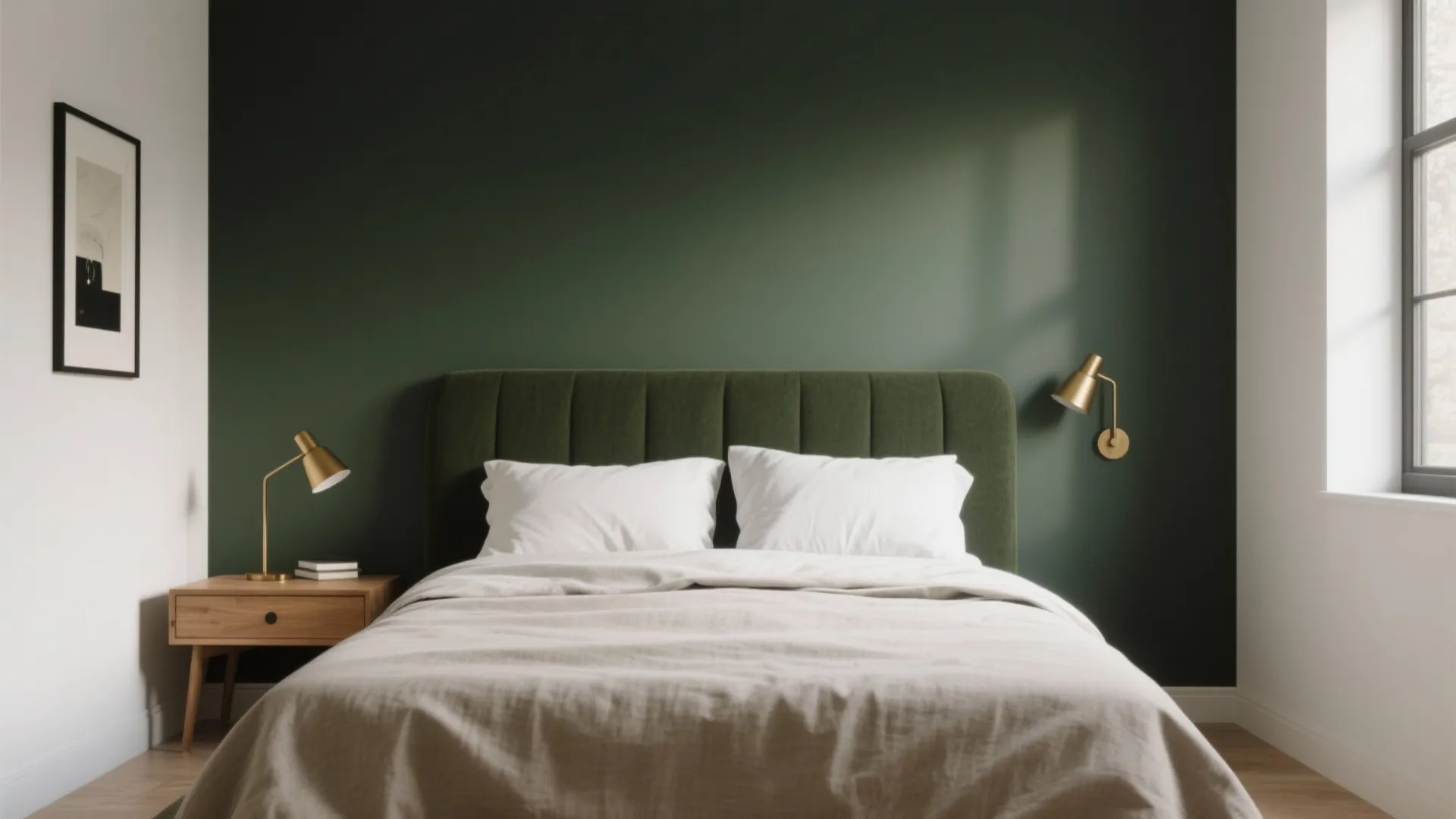Minimalist bedroom with dark green wall white bed sheets wooden side table and gold wall lights