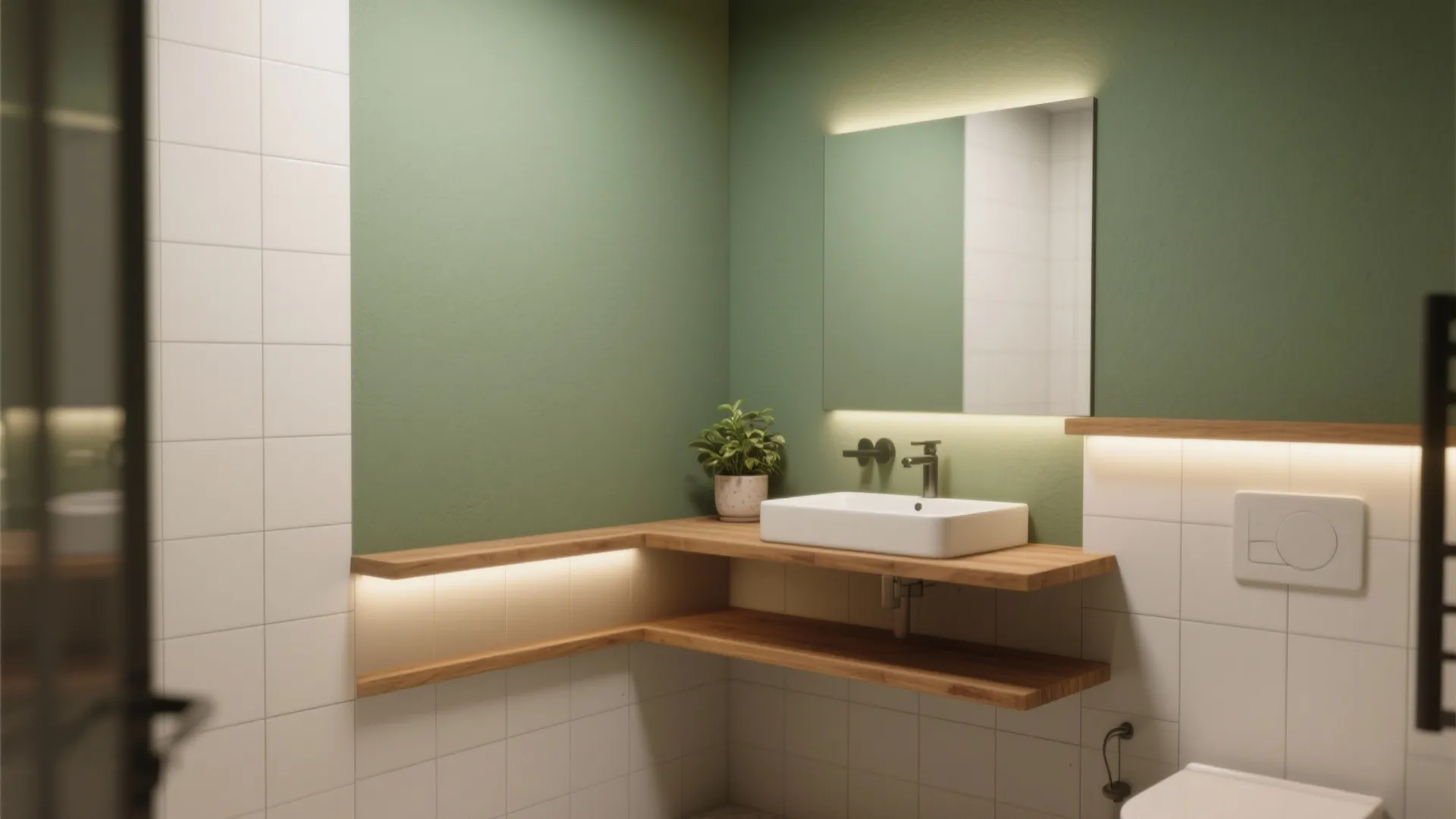 Compact bathroom with olive accent wall, warm oak vanity and floating shelf