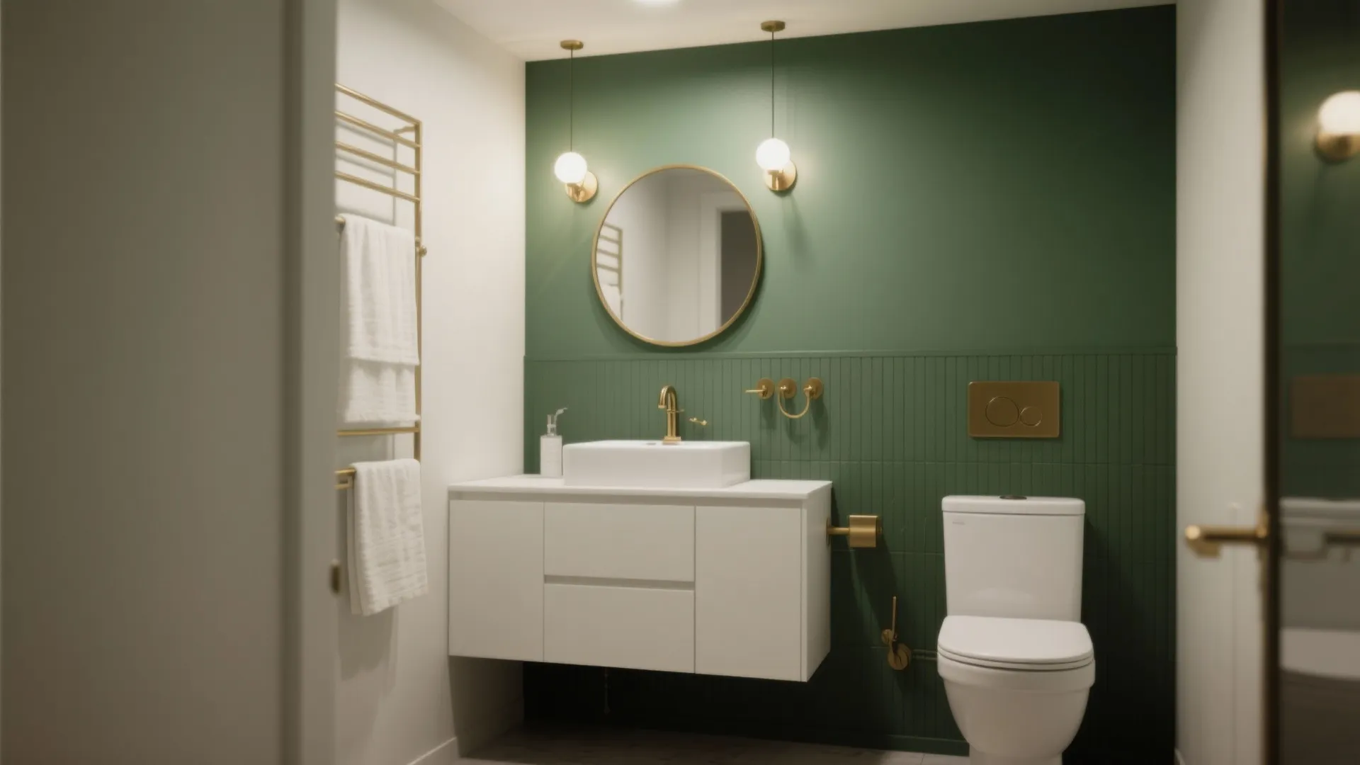 2. Olive Accent Wall with White Fixtures