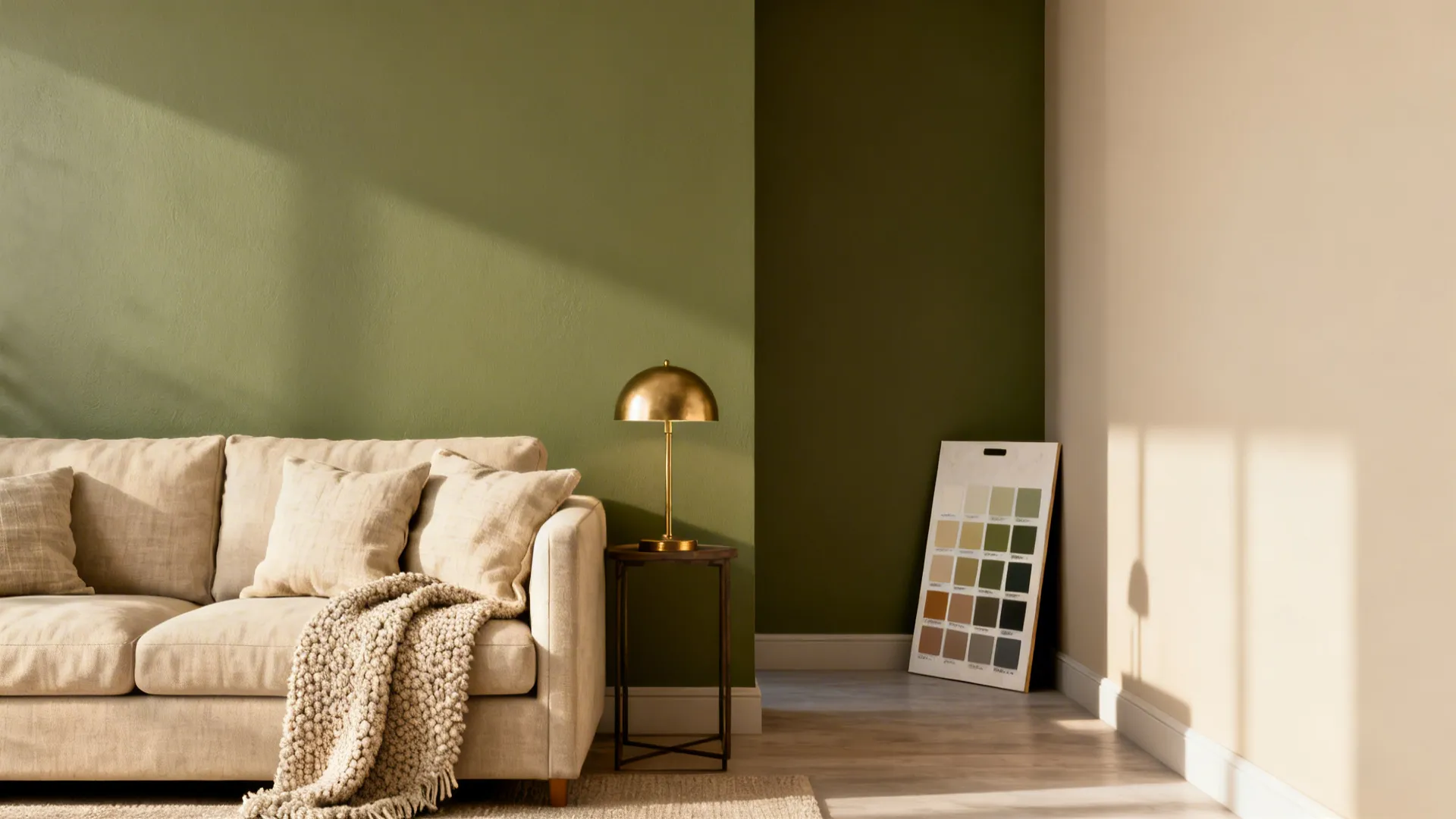 Narrow living room with an olive accent wall and beige textured cushions and throws.