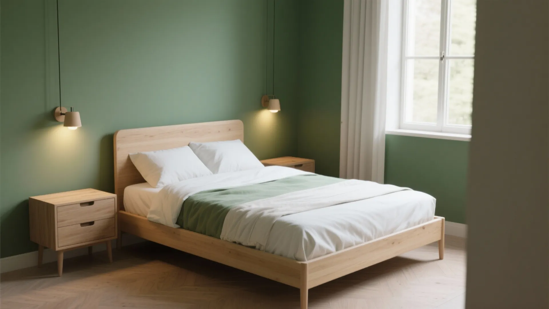 Bedroom with one olive green accent wall paired with pale oak furniture and warm wall sconces.
