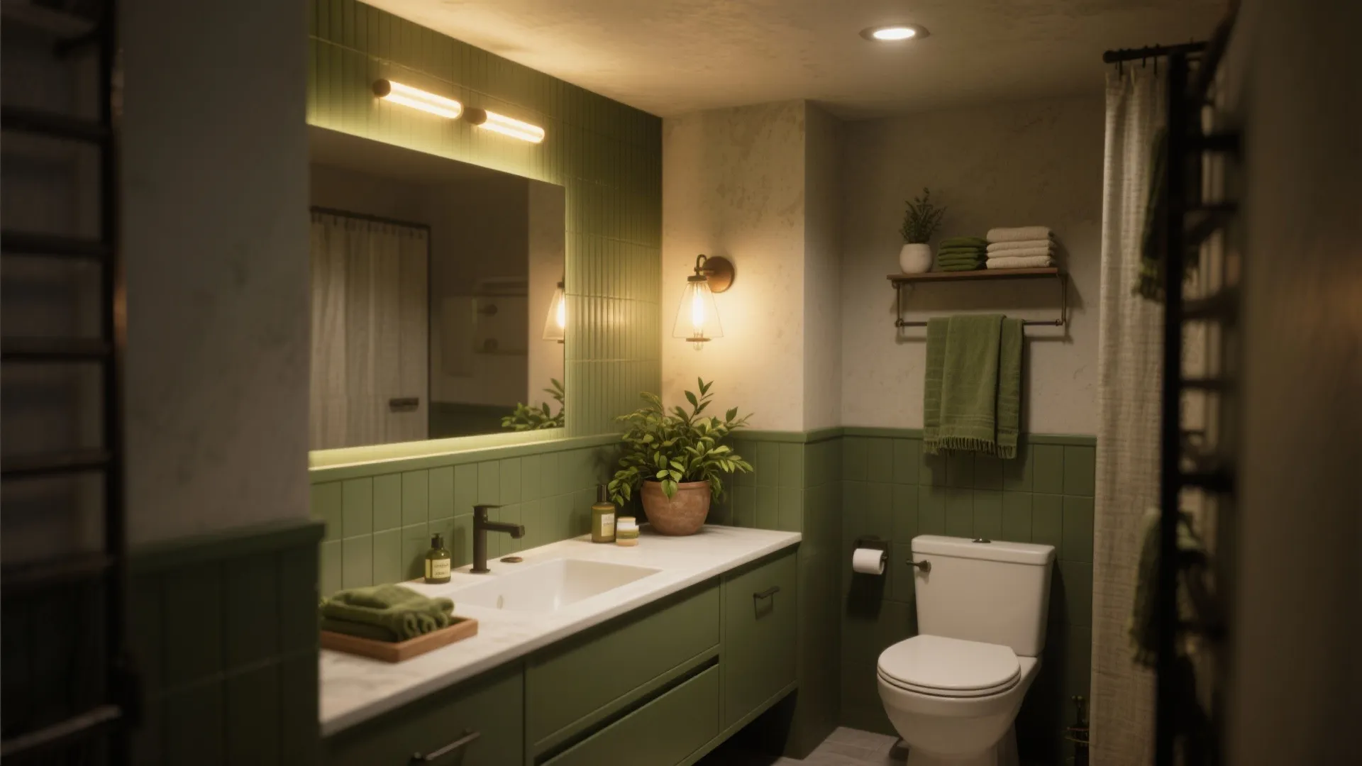 Small green bathroom interior featuring warm wall light mirror green vanity white toilet and indoor plant