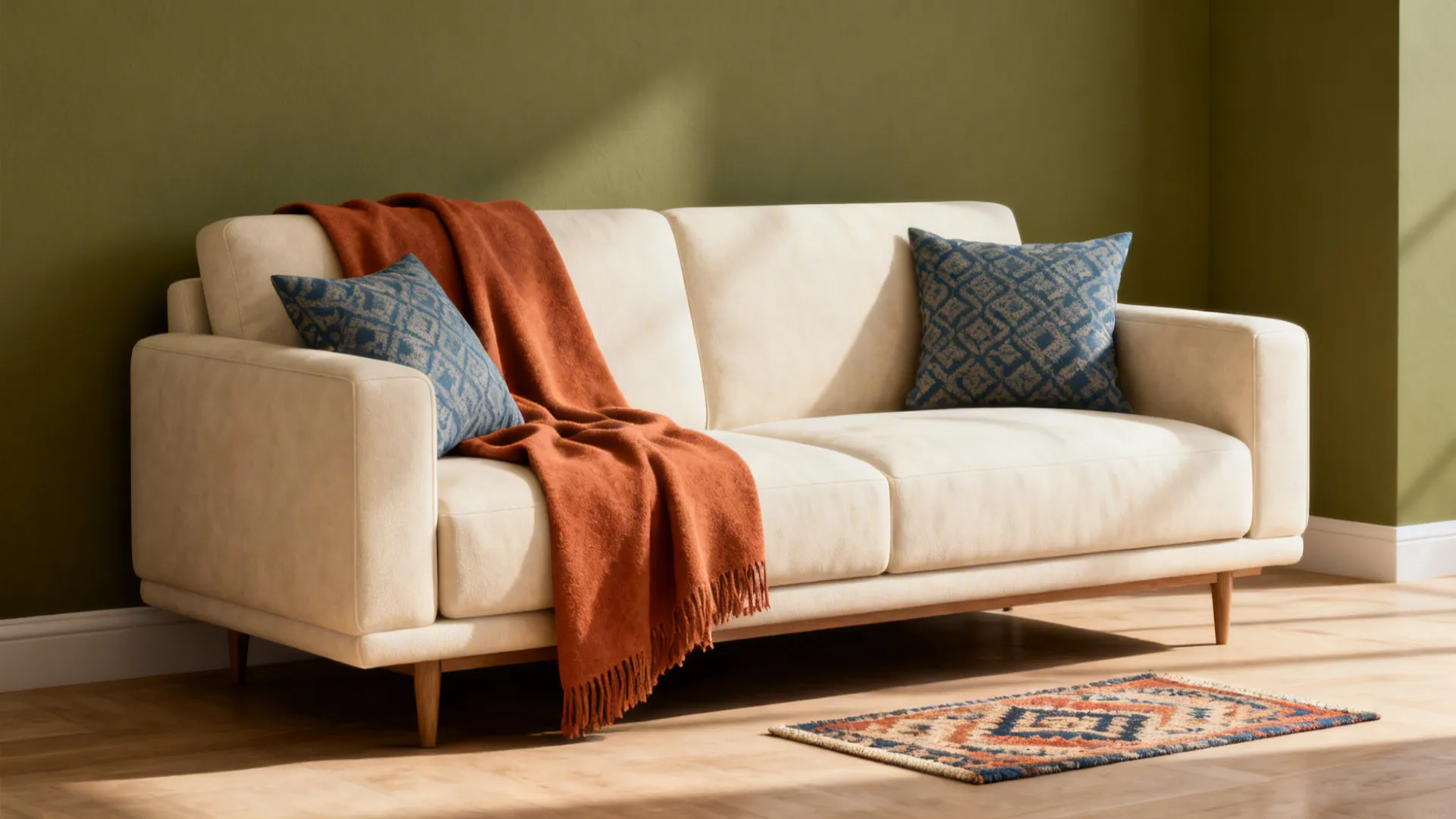 Cream sofa with terracotta throw and muted blue patterned pillows against olive wall