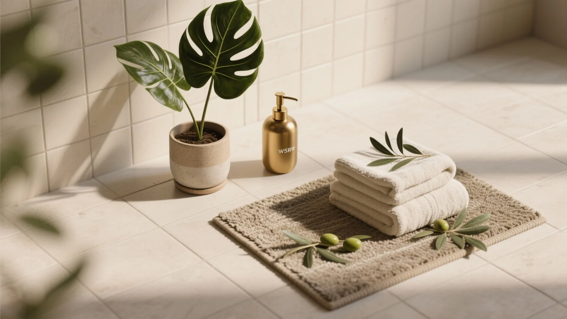 Flat-lay of olive towels, rug, faux plant and brass accessories for rental updates