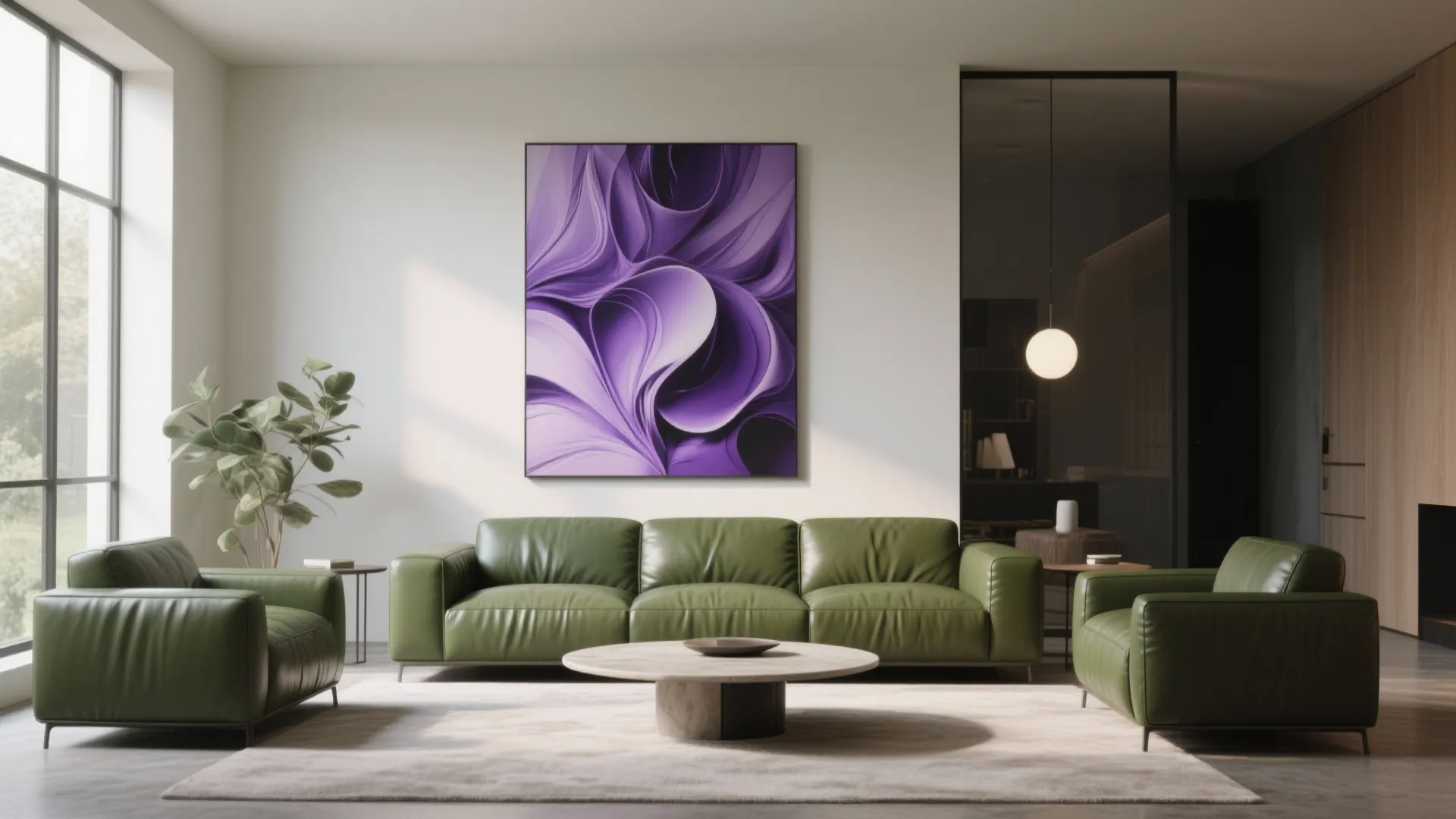 3. Olive Leather Sofa with Amethyst Art