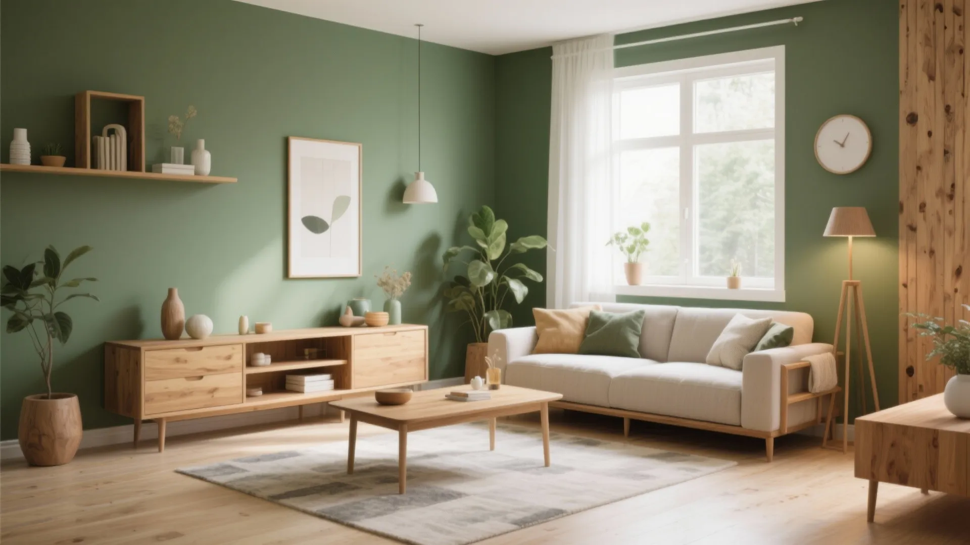 3. Olive Green and Natural Wood Pairing