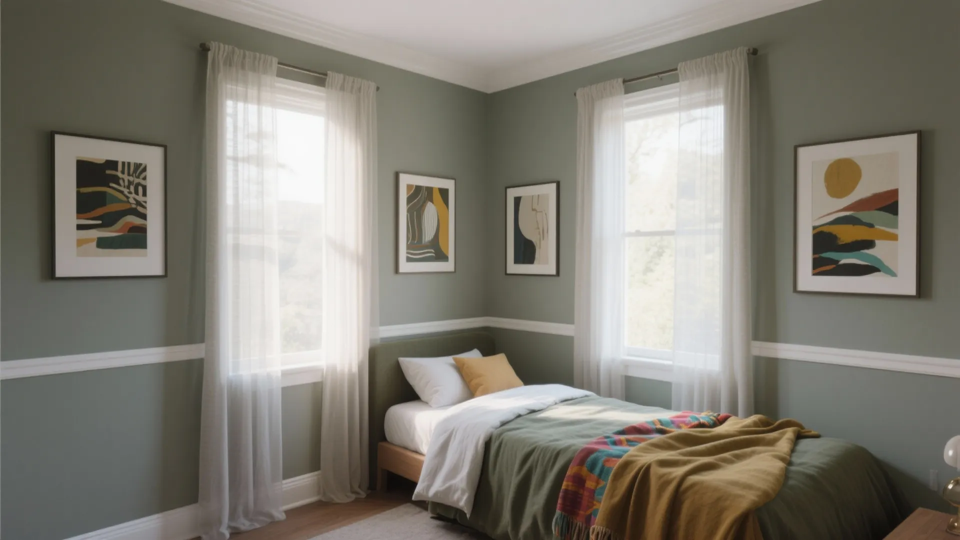 Small bedroom with three walls in muted gray-olive, white trim and colorful art and textiles that stand out.
