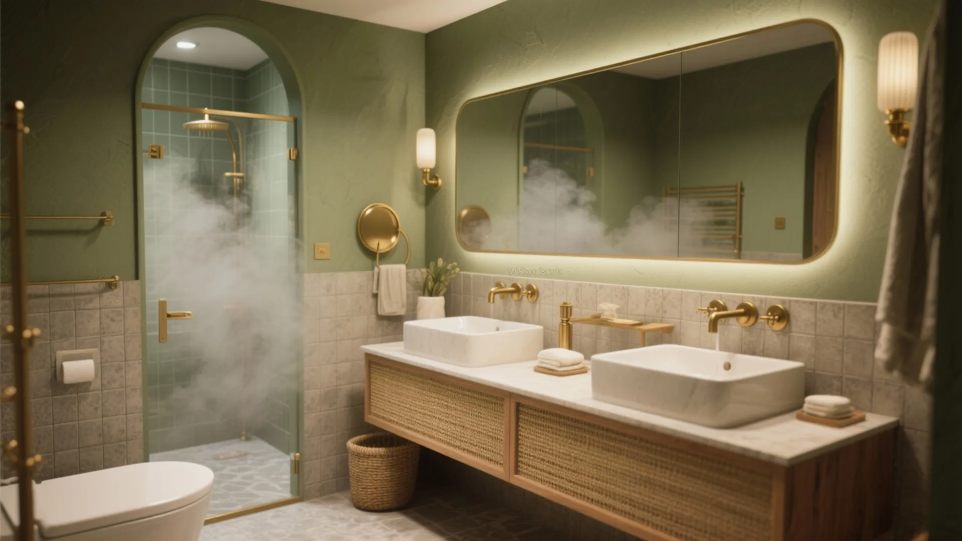 Olive green bathroom featuring a double vanity, marble countertops, brass faucets, and a glass shower