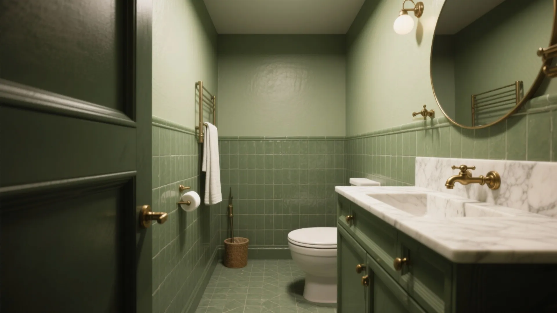 Green bathroom interior design with wall panel tiles, green cabinet, marble counter, and round mirror