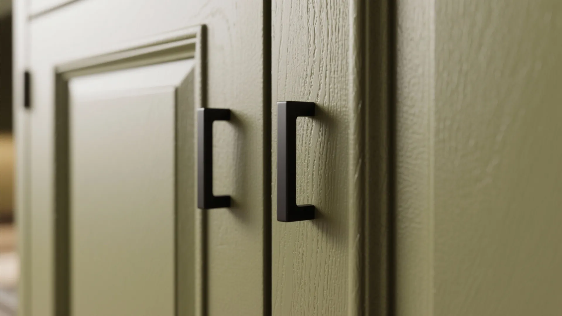 4. Matte Olive Cabinets with Black Hardware