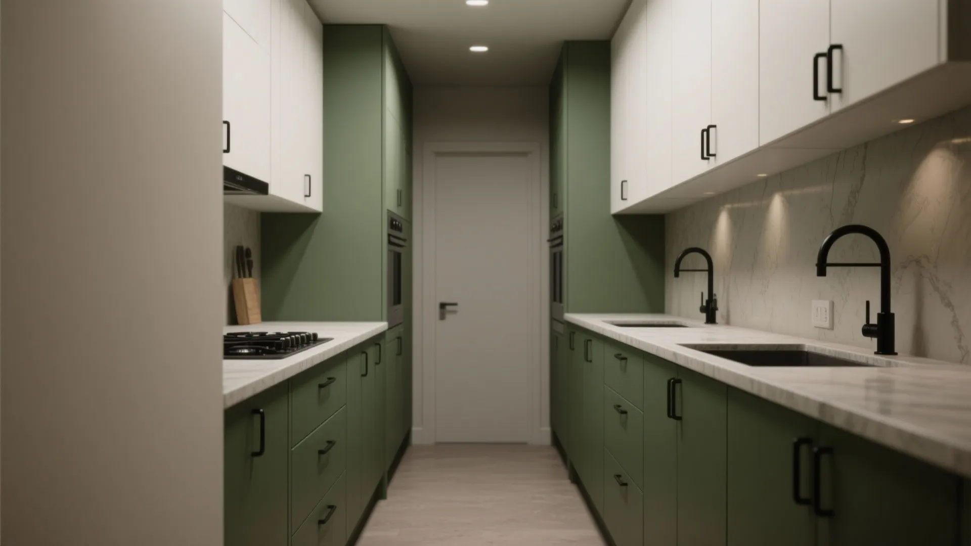 Modern narrow kitchen with olive green lower cabinets and white upper cabinets and black faucets