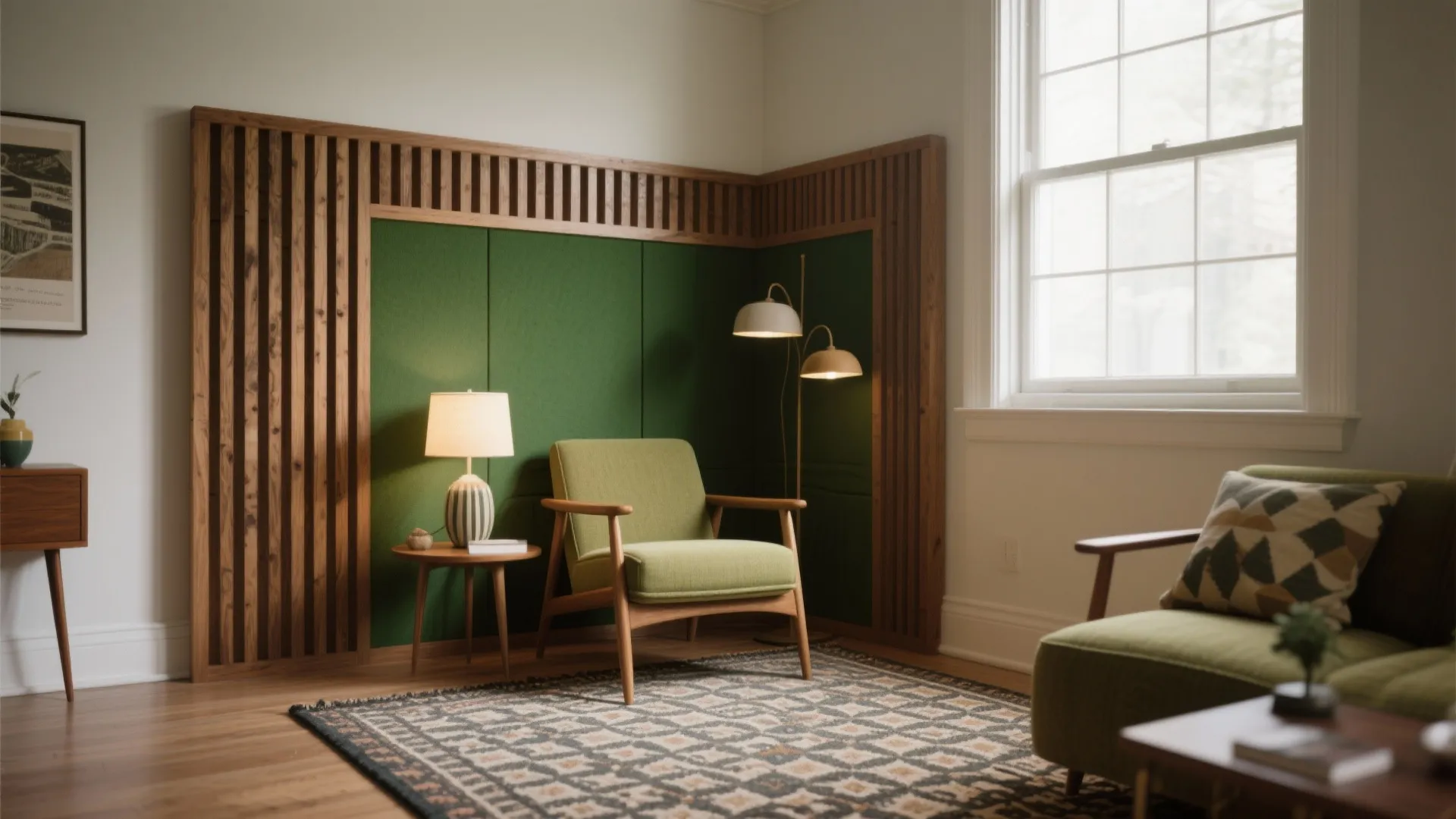 Green wall panel with wood slats behind a green chair and a small side table