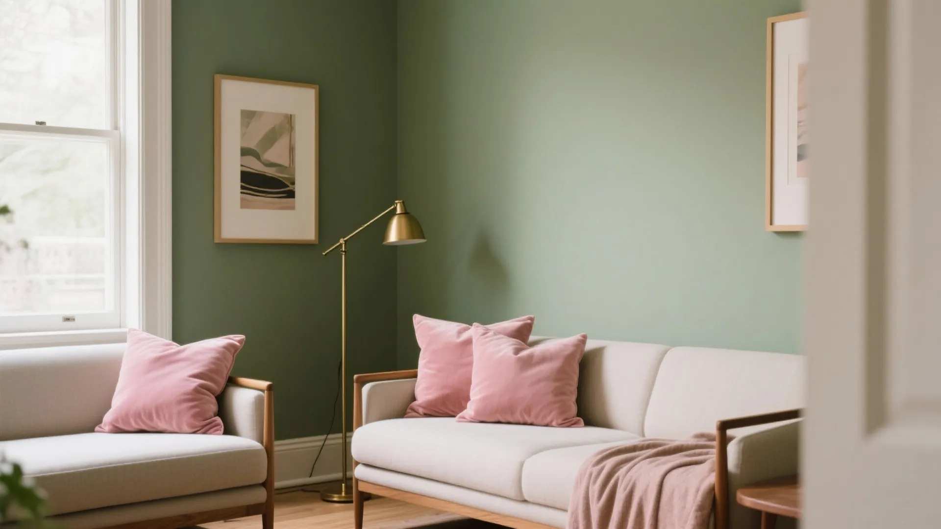 Olive green living room featuring white sofa with pink pillows, gold floor lamp, and window