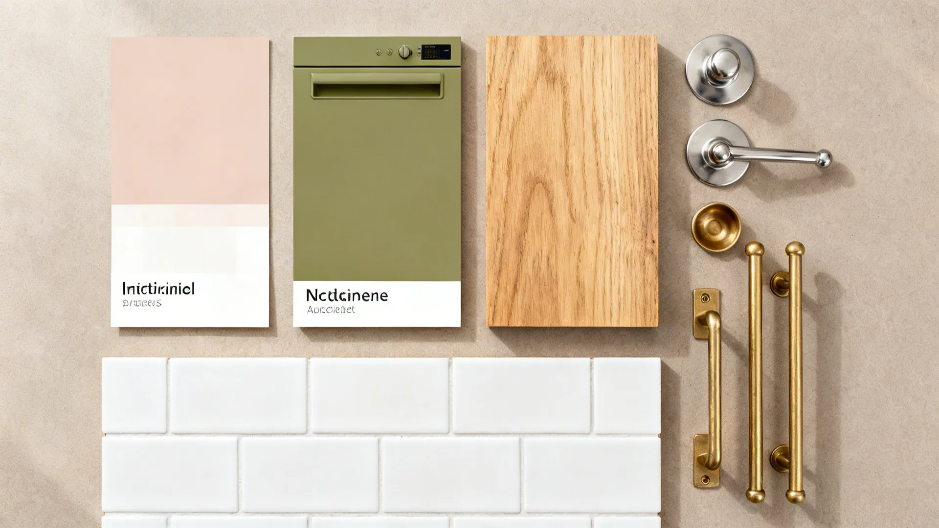 Flat lay with blush paint, olive chip, oak, and mixed hardware for a rental kitchen.
