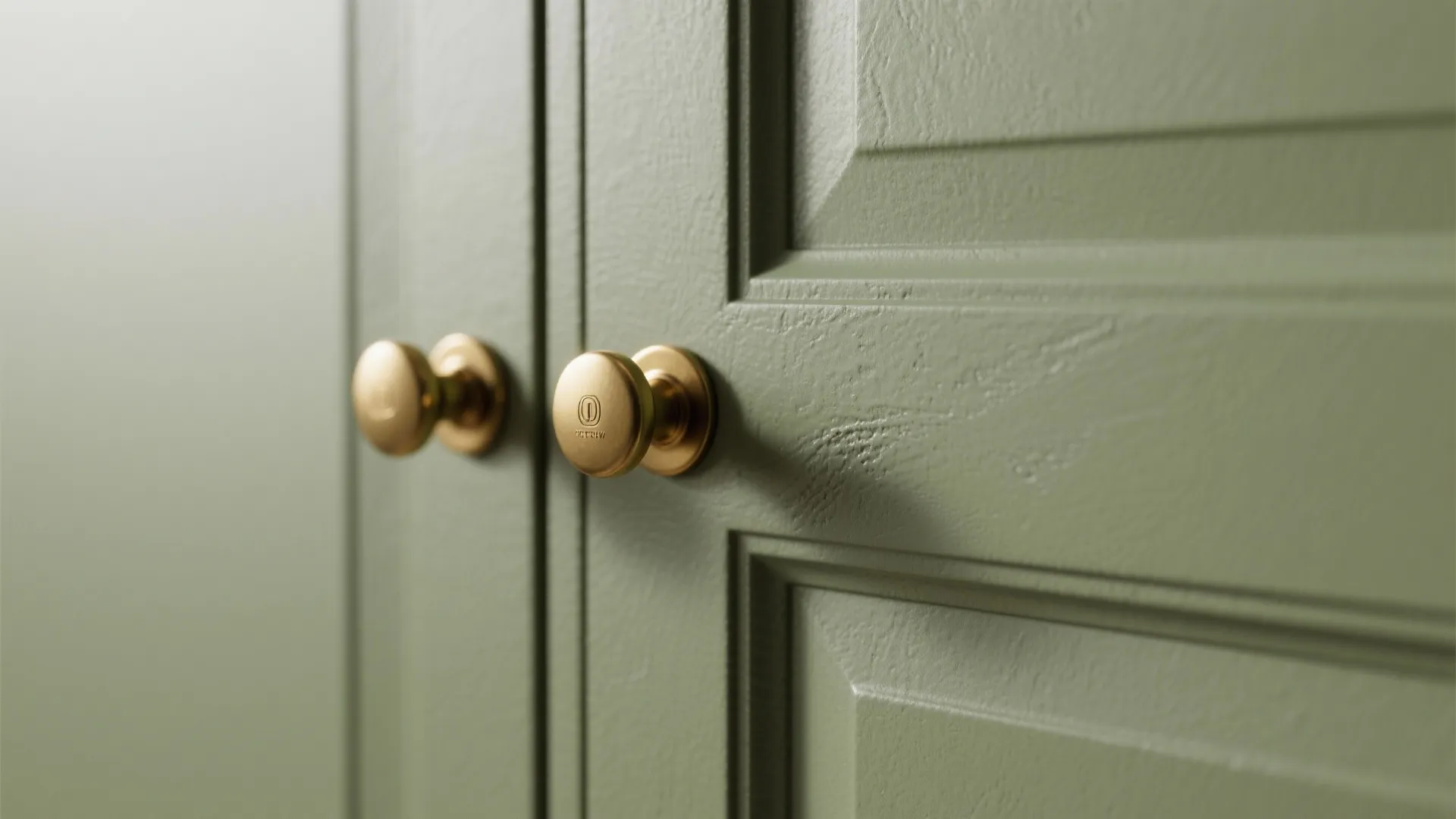 Close-up of small round brass door knobs on a textured olive green wooden cabinet door