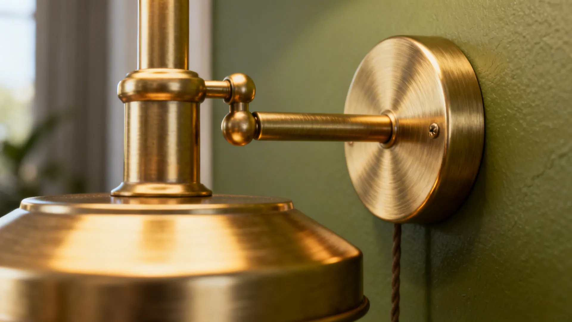 Brass lamp base and hardware detail against olive green wall