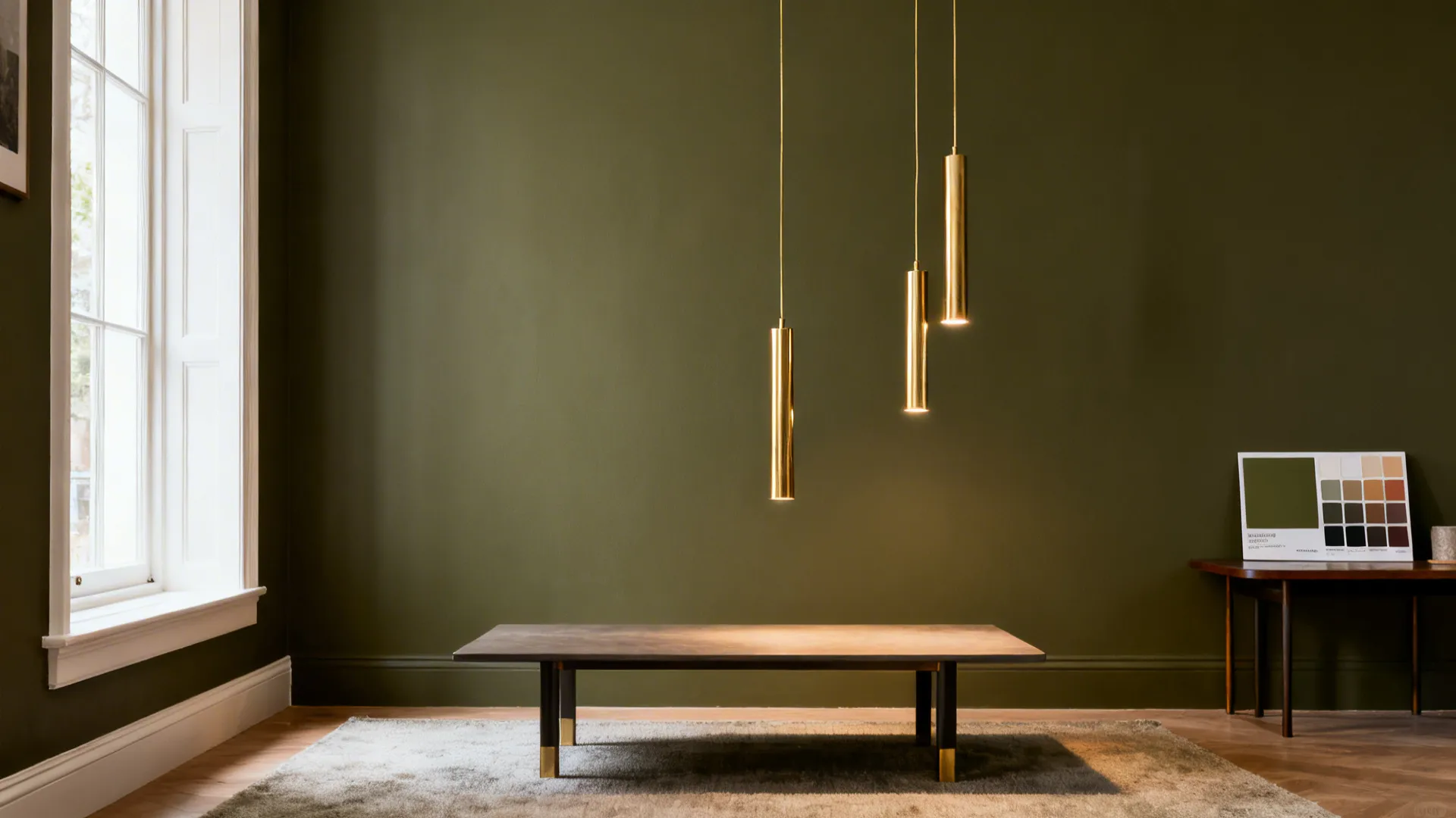 Seating nook with deep olive wall and slim brass pendant lighting