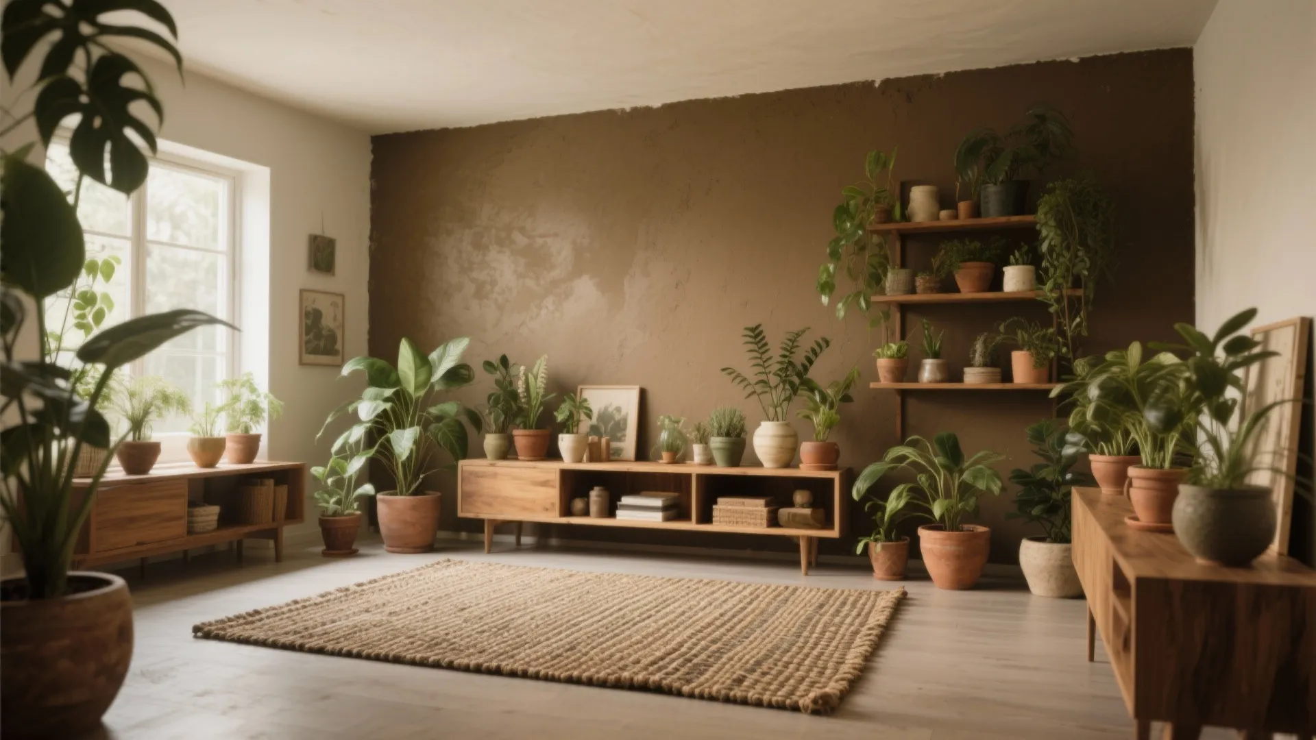 Living room with brown wall, wooden cabinets, rug, and many green plants in clay pots