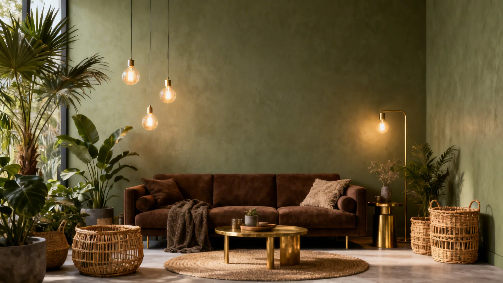 Small living room with muted olive walls, chocolate brown couch, rattan baskets and brass accents