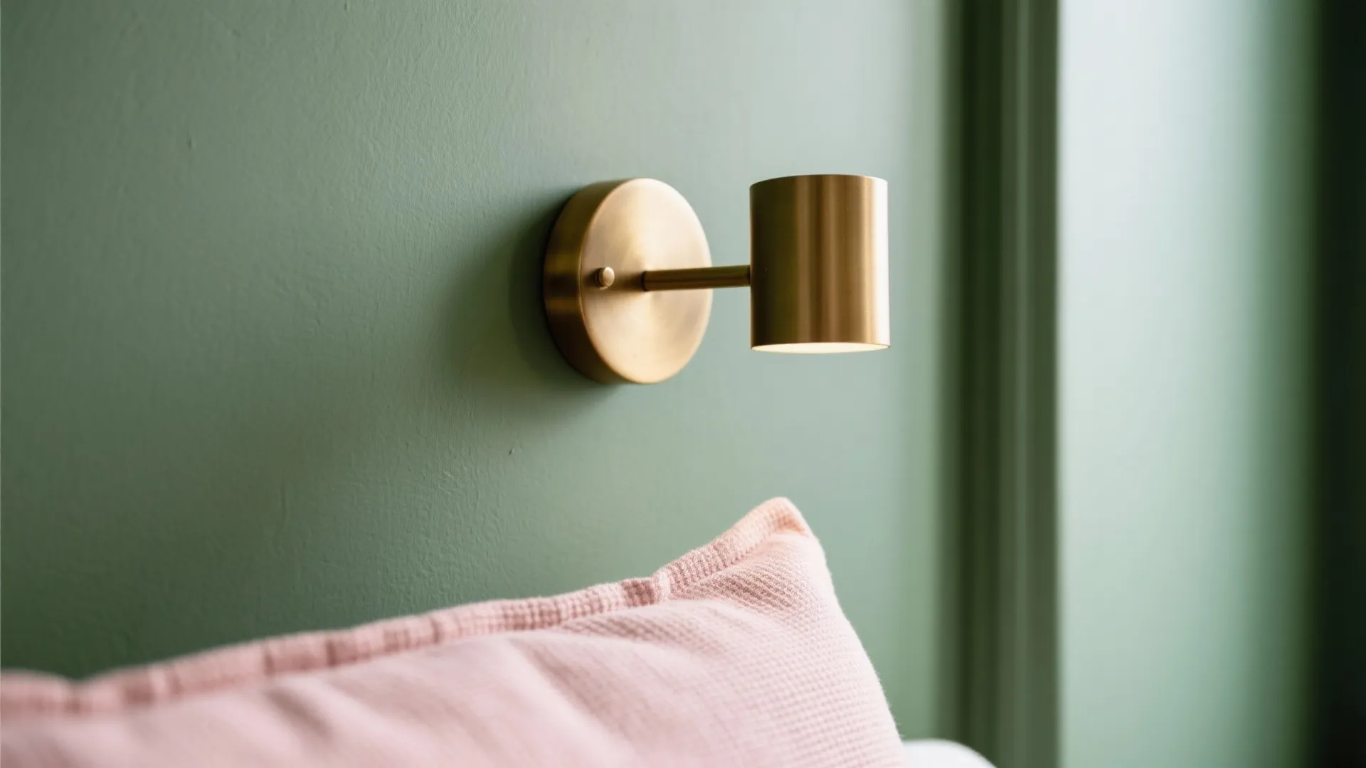 Close up of gold wall light on green wall above pink pillow in modern bedroom