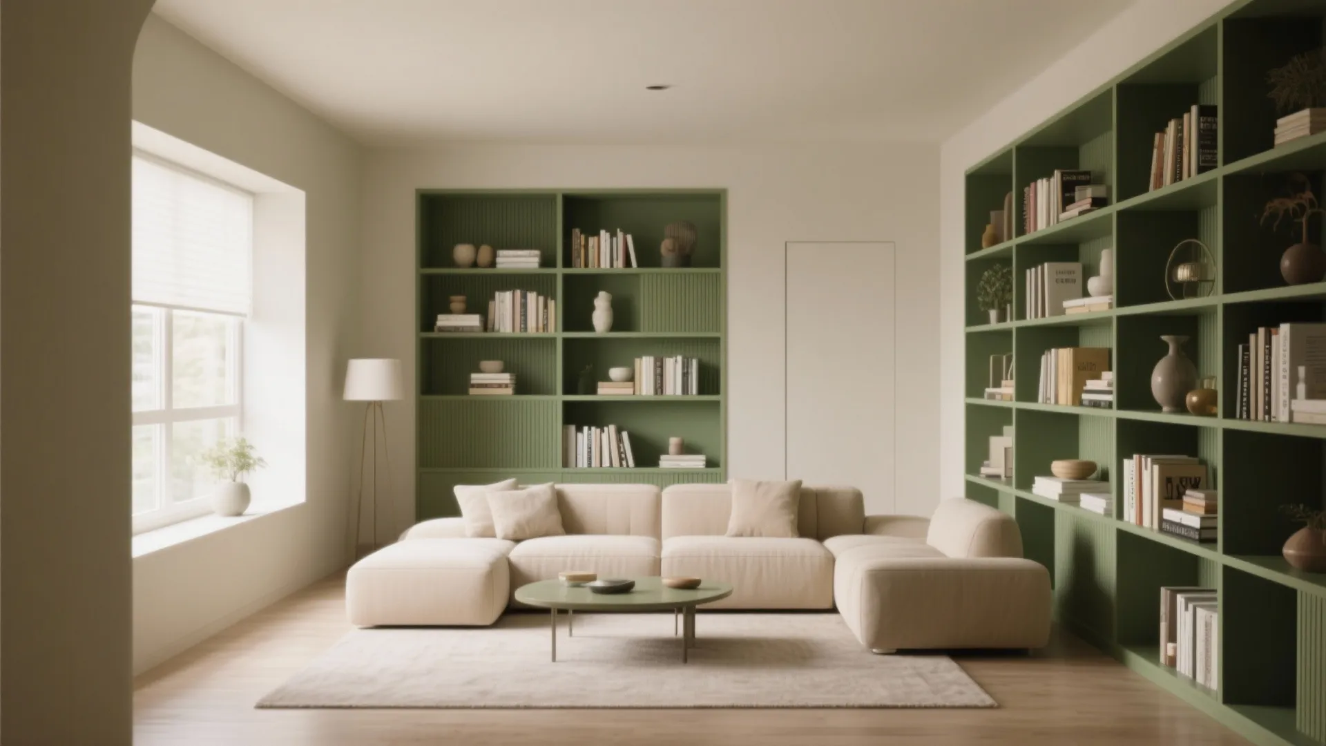 Modern living room featuring green built in wall shelves beige sofa and round coffee table