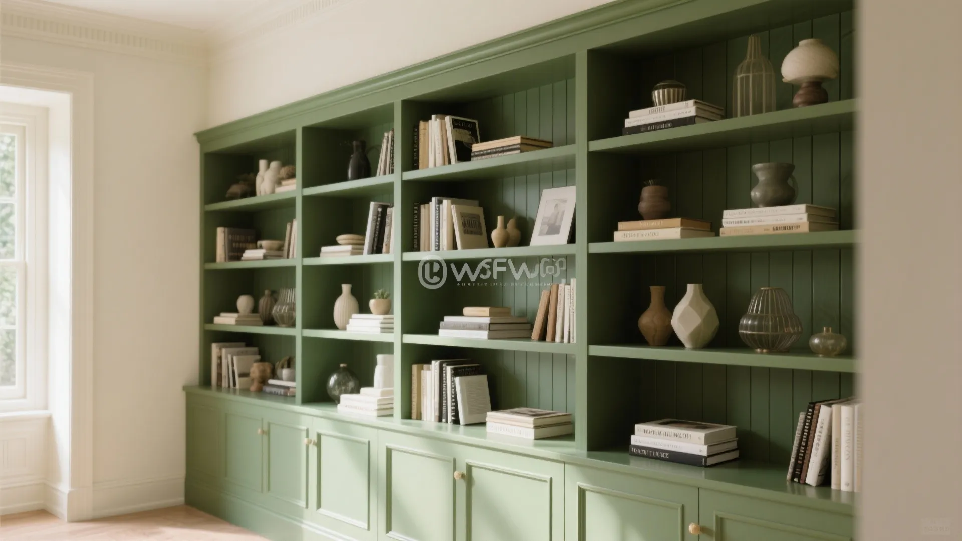 6. Olive Green Built-in Shelves