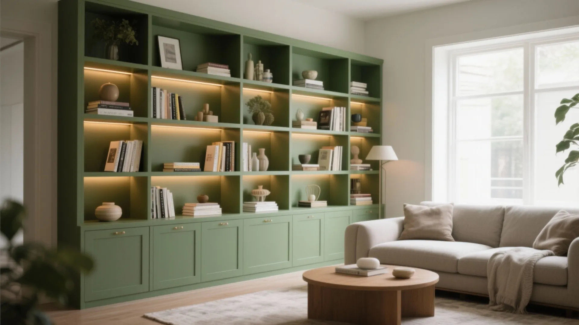 6. Olive Green Built-In Shelving