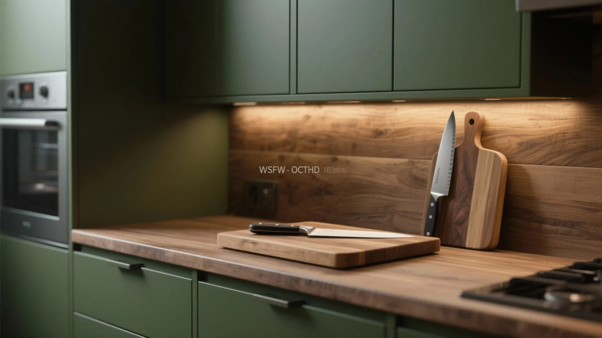 Close-up of matte olive green cabinets next to a tactile butcher block worktop with sealed edge.