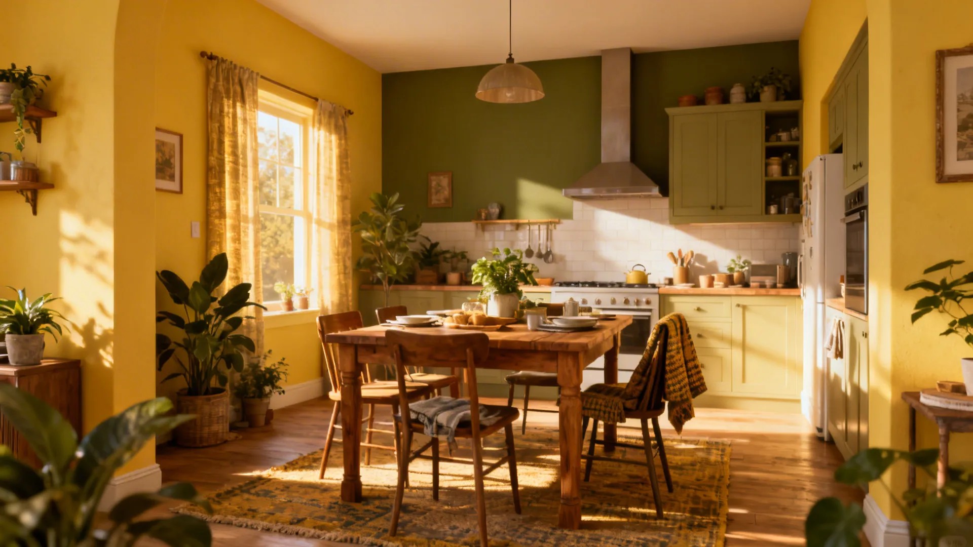Kitchen-diner with olive feature wall and butter yellow walls, wooden table and plants