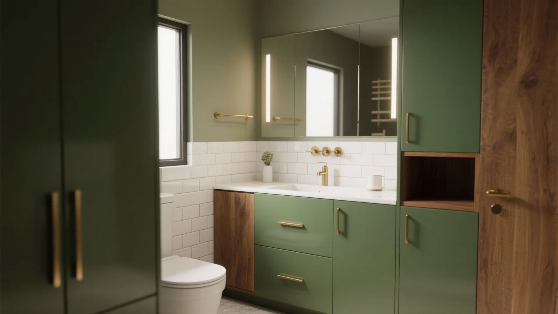 Bathroom with olive green cabinets, glossy white subway tiles and warm wood accents