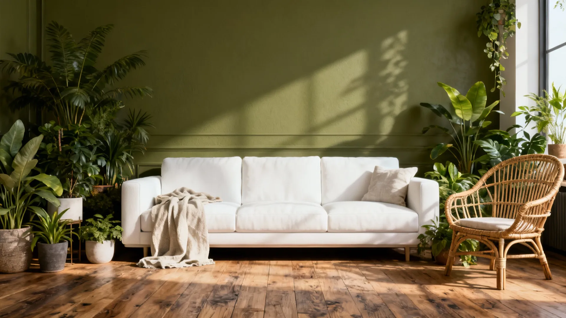 Modern living room with green wall white sofa wooden floor plants and a woven chair