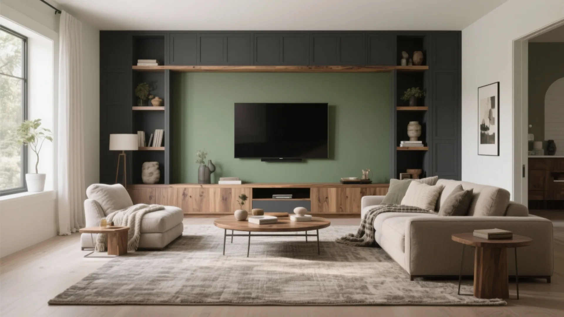 Living room with black wall unit, green accent wall, television, cream sofa, and wooden furniture