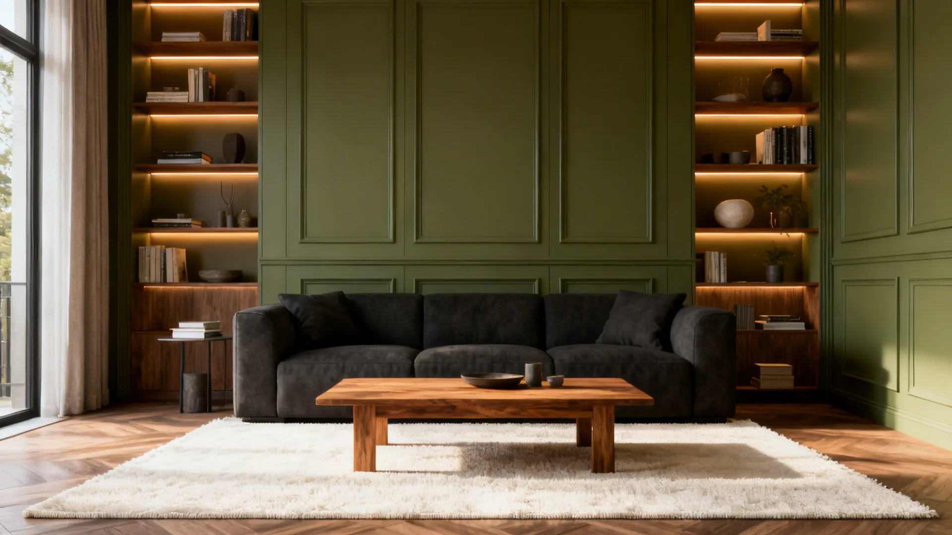 Living room with olive cabinetry, charcoal sofa, off-white rug and natural wood furniture