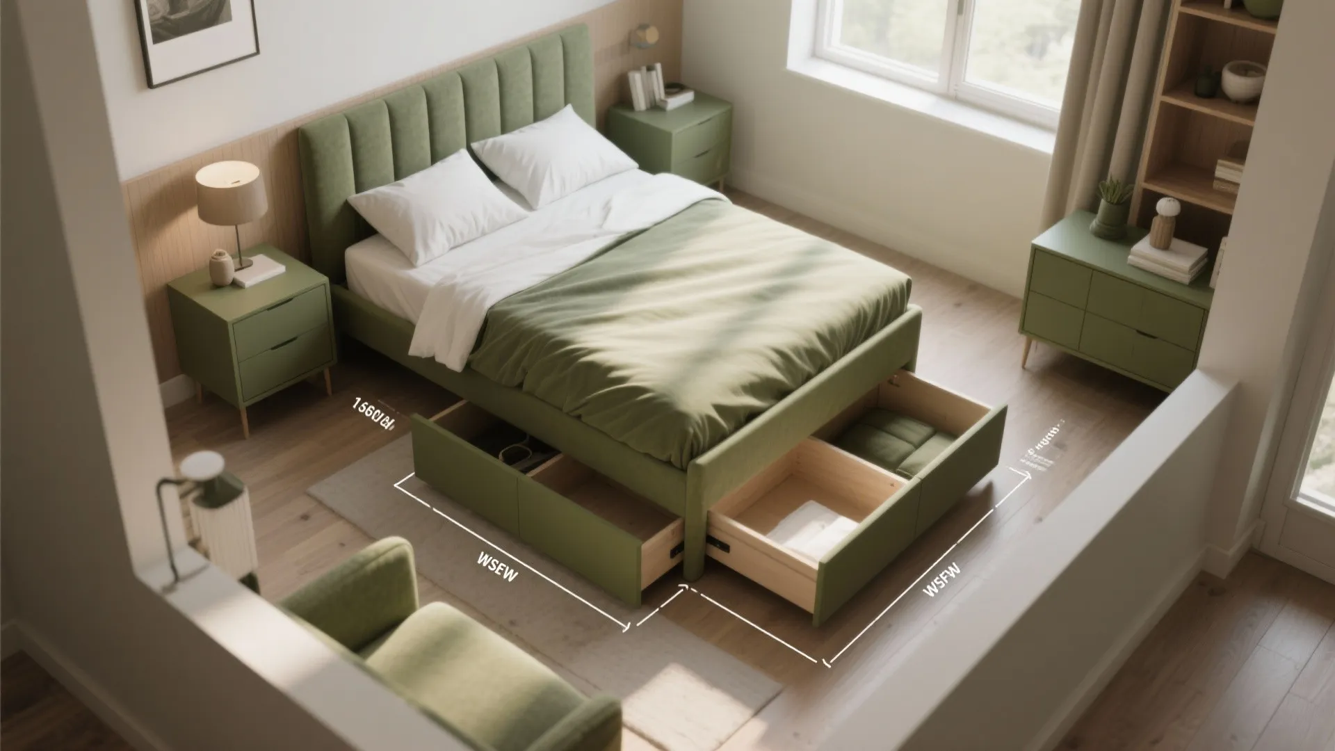 5. Small-space layout: compact olive bedroom set