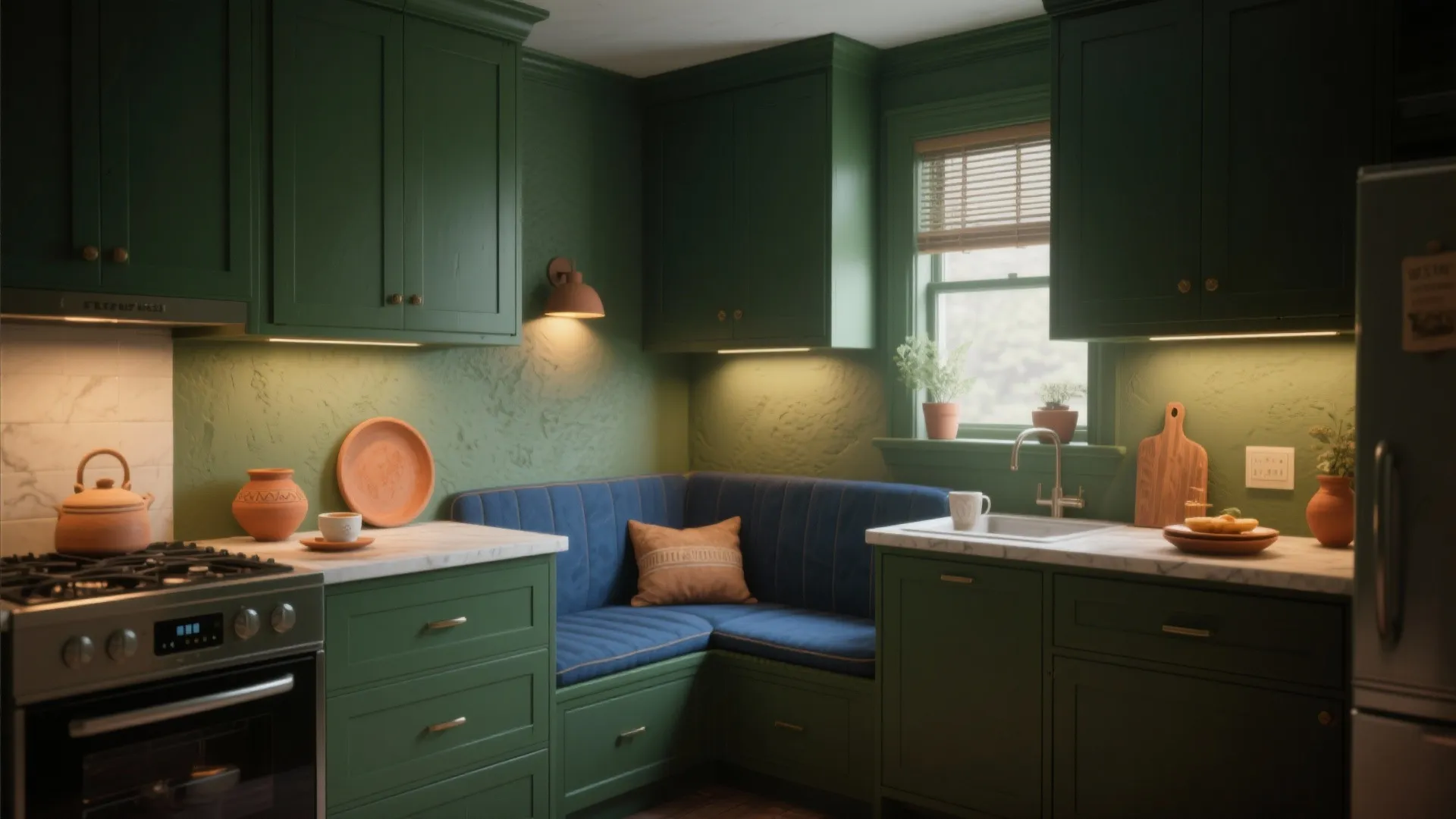 Cozy kitchen interior with dark green cabinets blue seating bench marble countertop and warm wall light