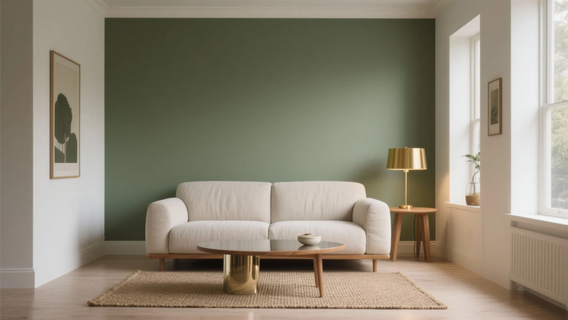 Modern living room with a white sofa, gold table lamp, olive green wall, and rug