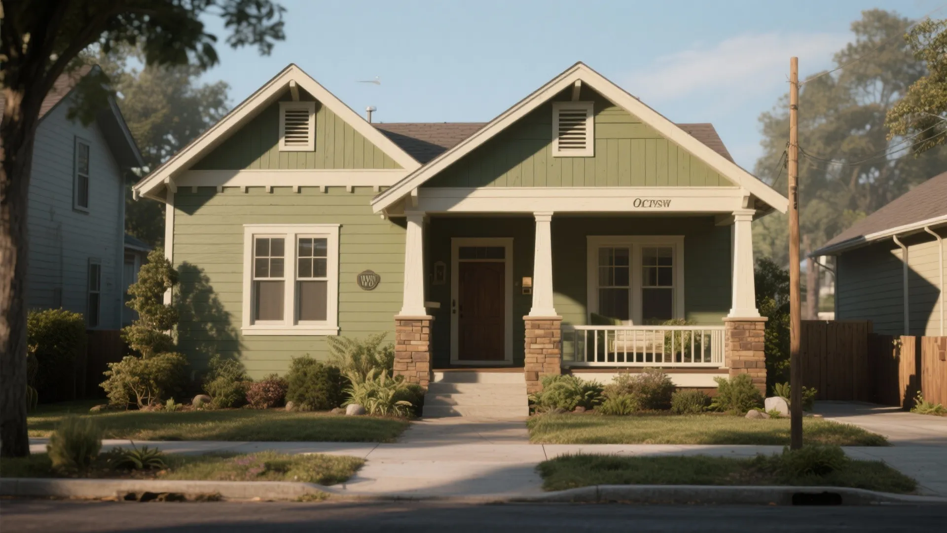 Small green house with white trim features a front porch stone pillars and green bushes