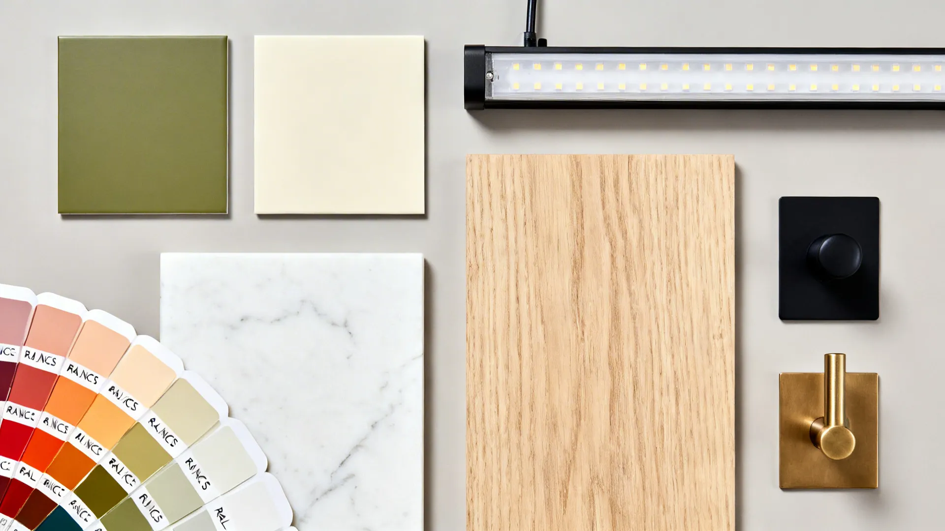 Top-down palette with olive, cream, warm white quartz, oak, and hardware samples.