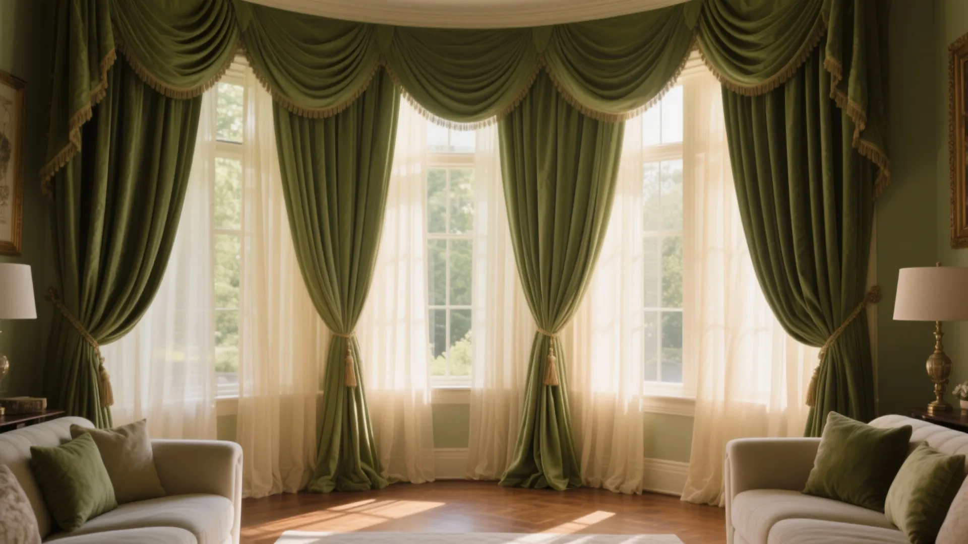 3. Olive Green Curtains with Cream Sheers