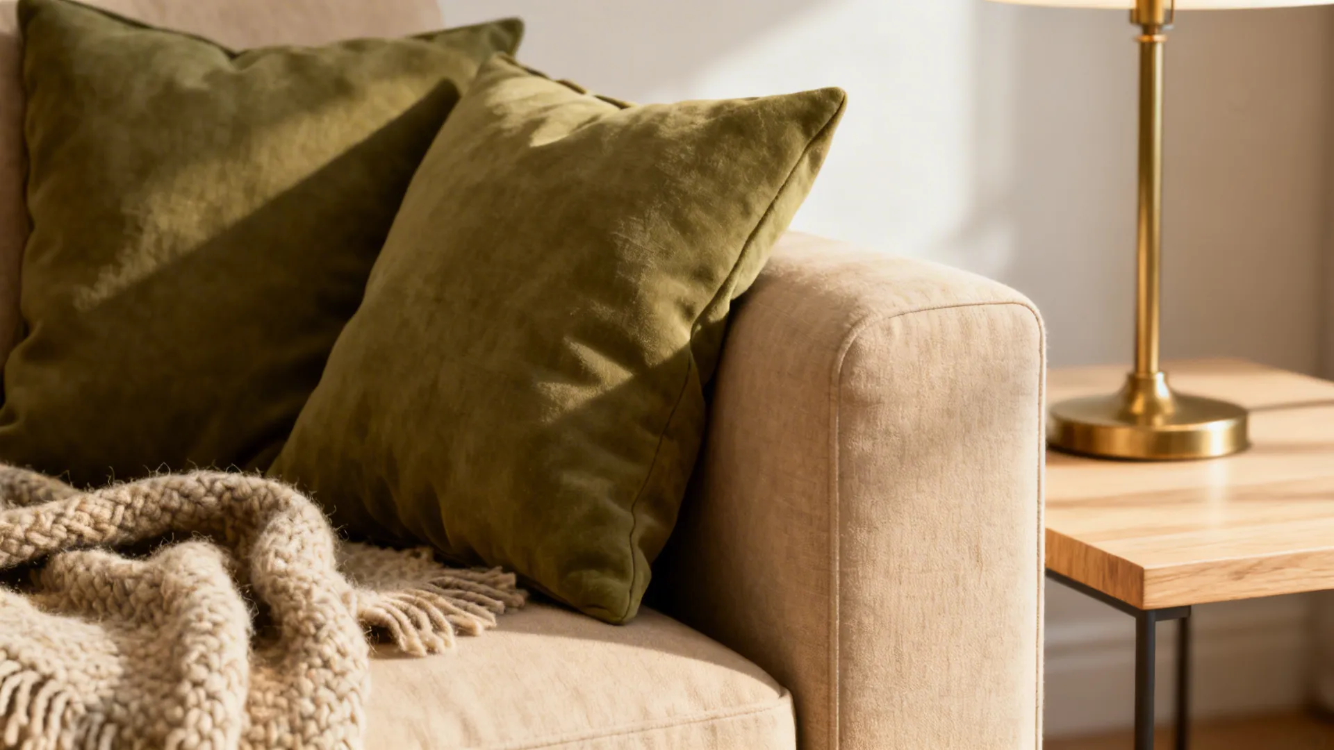 Close-up of beige sofa with olive cushions and wool throw beside a brass lamp.