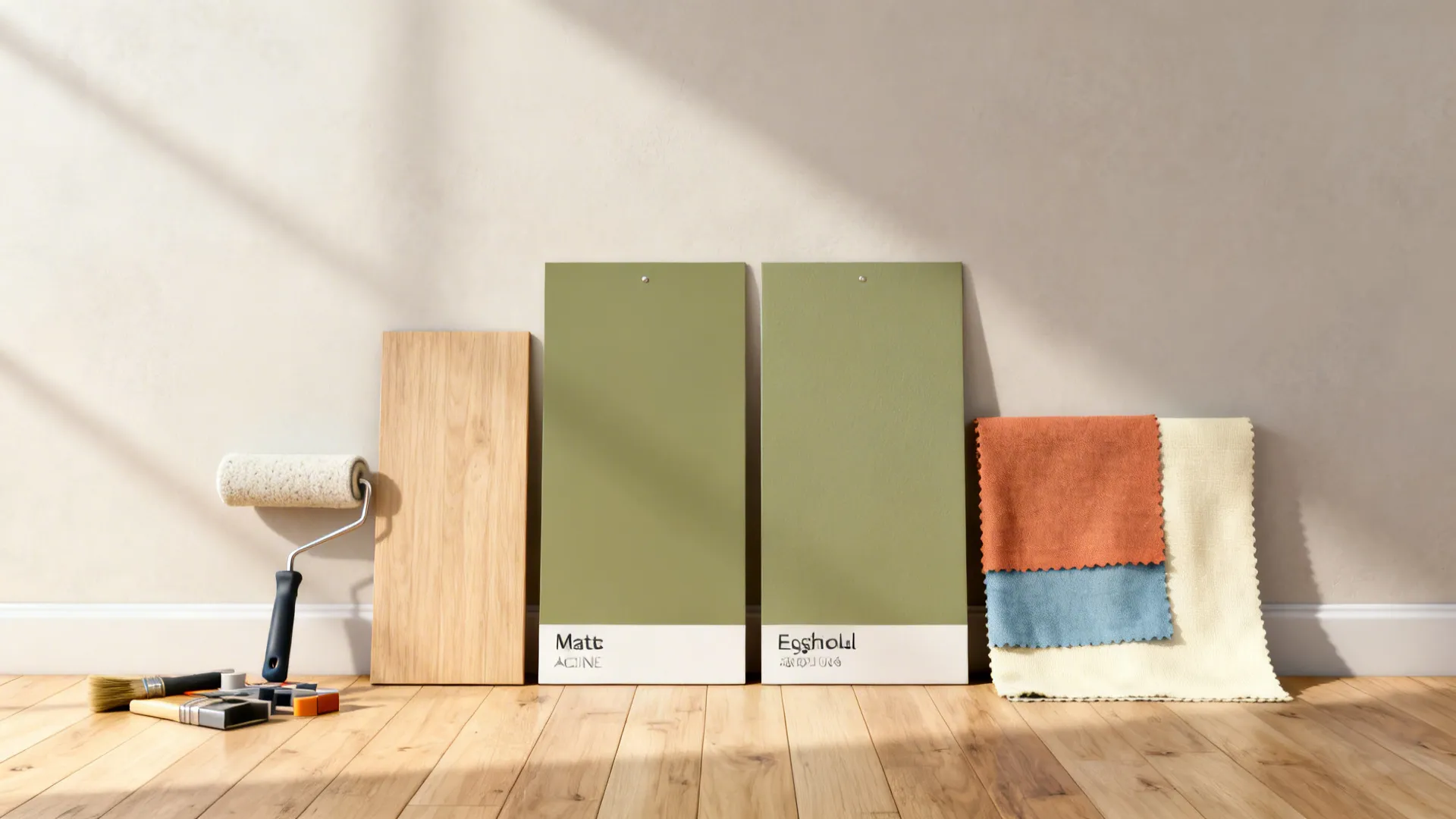 Paint finish and fabric swatches for selecting olive wall finishes and complementary materials