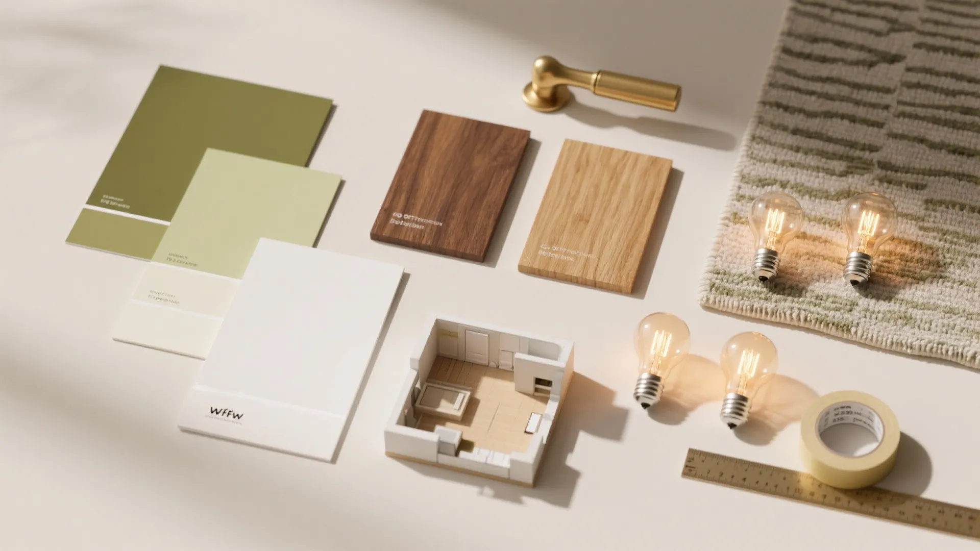 Interior design materials with wood samples green color cards light bulbs and a small house model