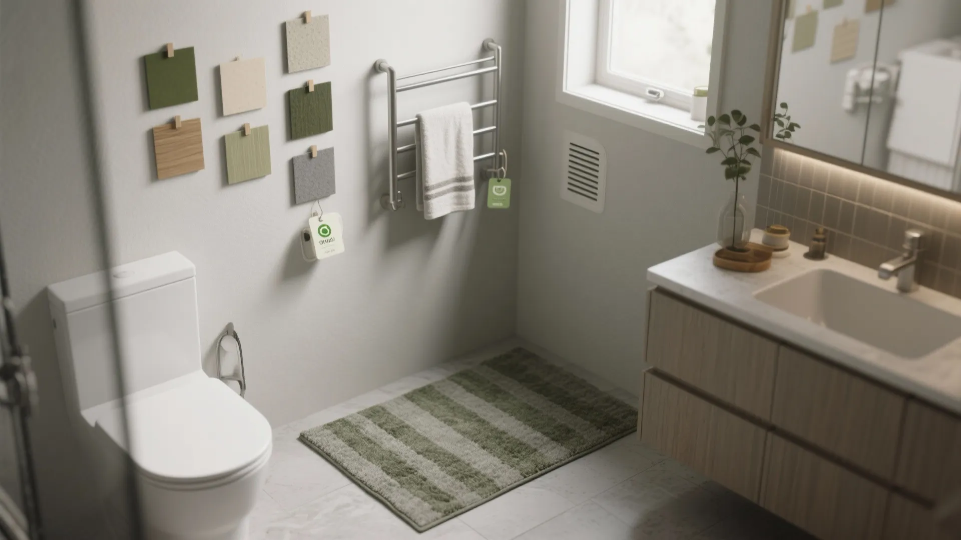 Bathroom vignette with olive rug, color swatches and ventilation hint for FAQ topics