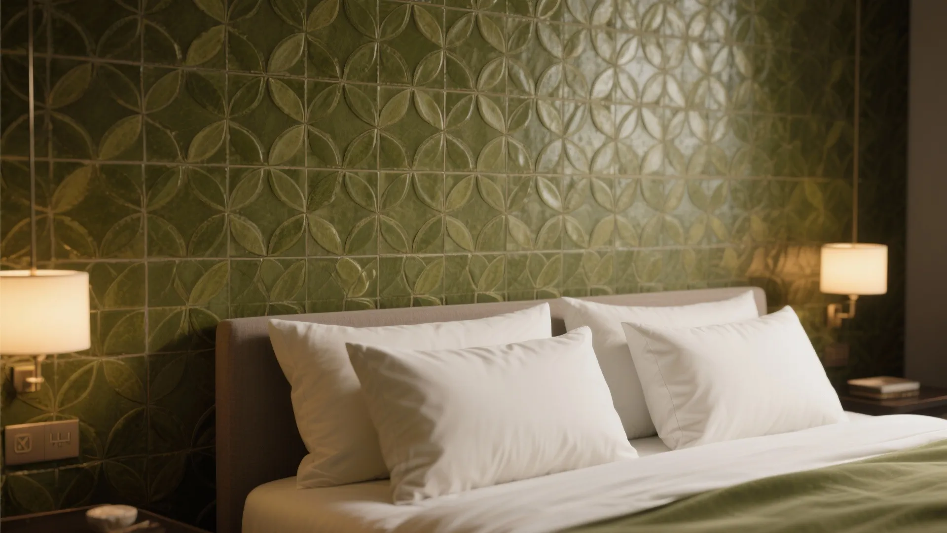 Textured olive wallpaper or tile behind a bed creating a boutique-hotel statement.