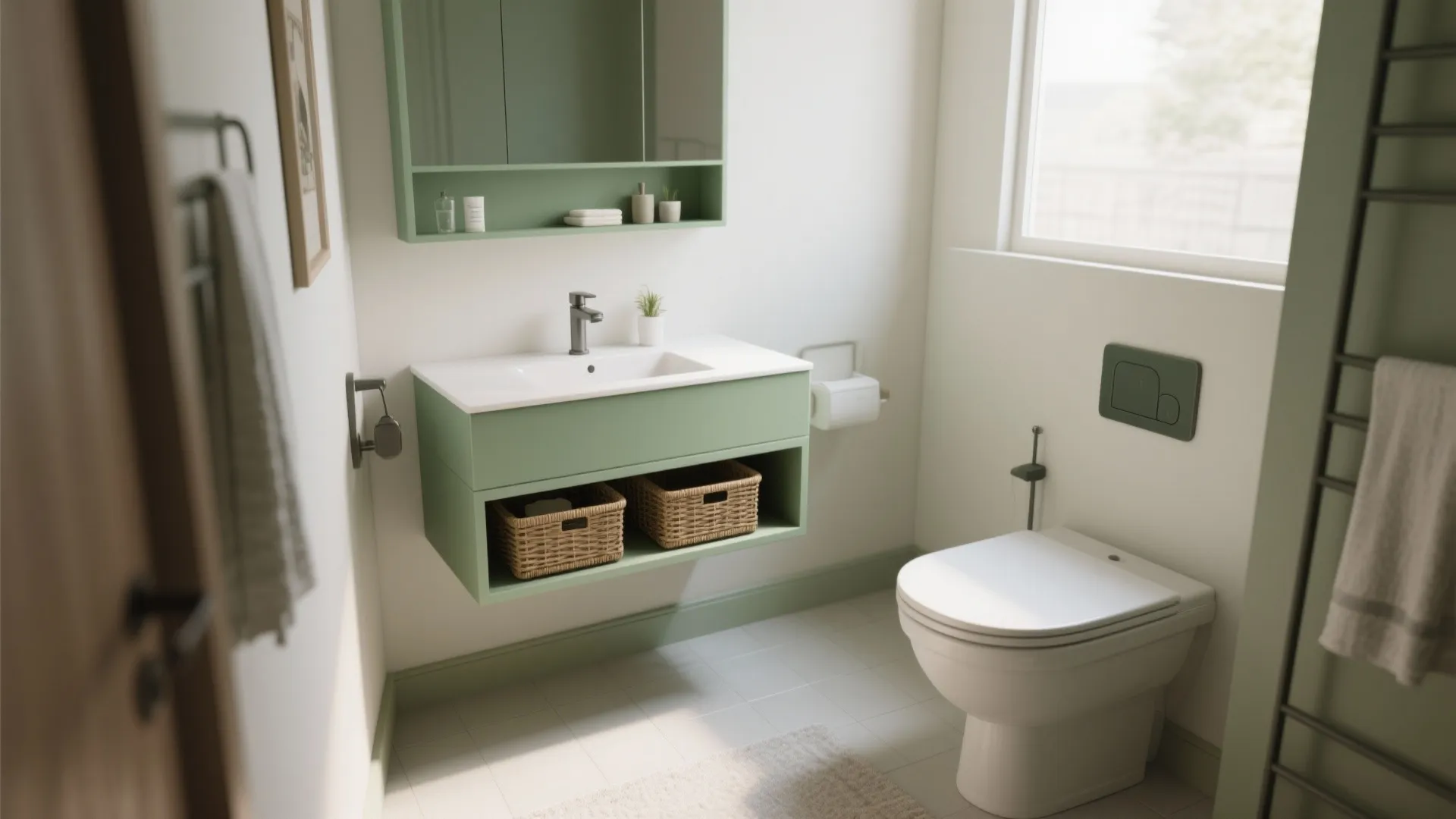 Modern bathroom with light green hanging cabinet white sink woven baskets toilet and natural light