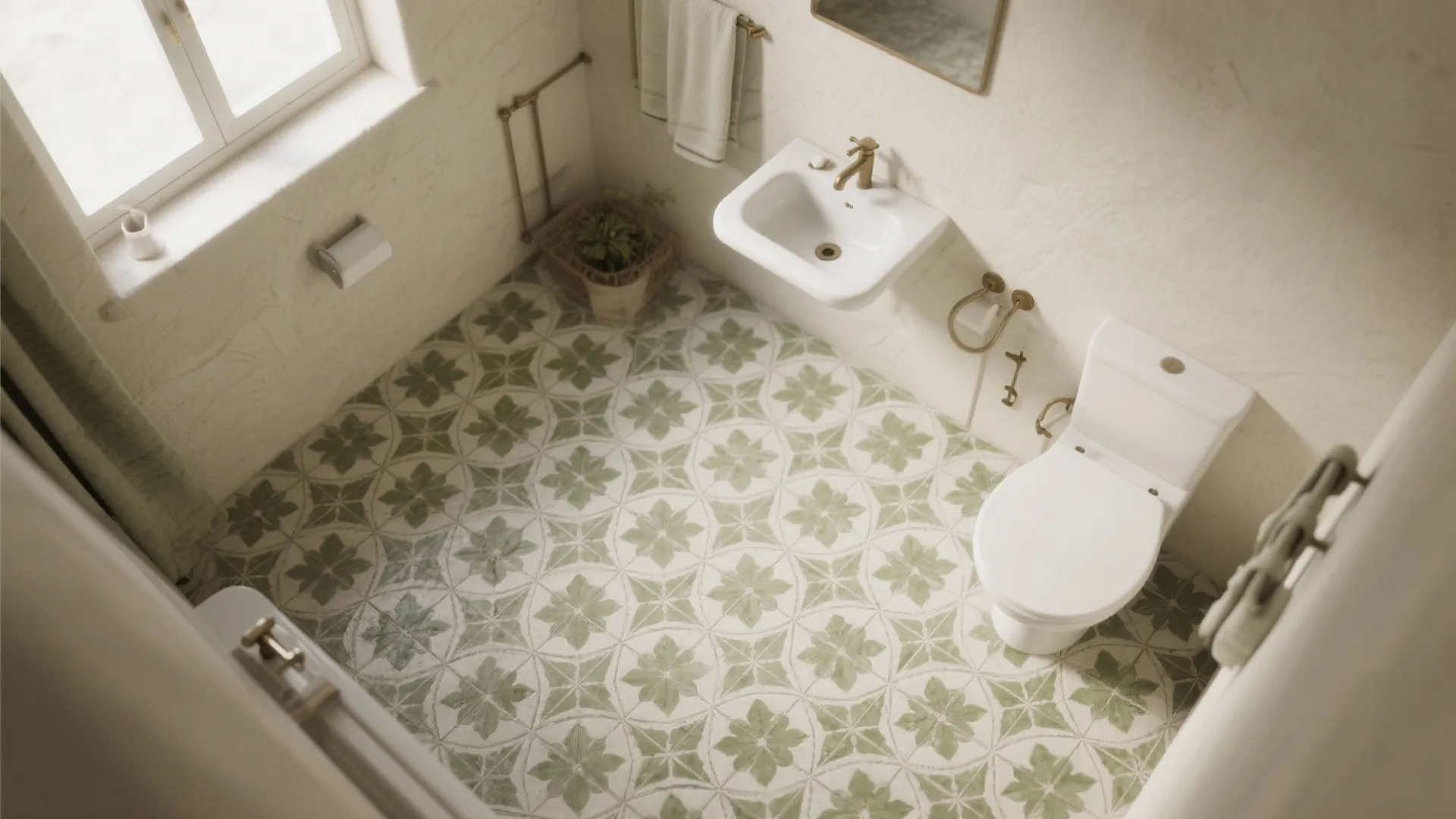 Top view of small bathroom with green patterned floor tiles white sink toilet and gold fixtures