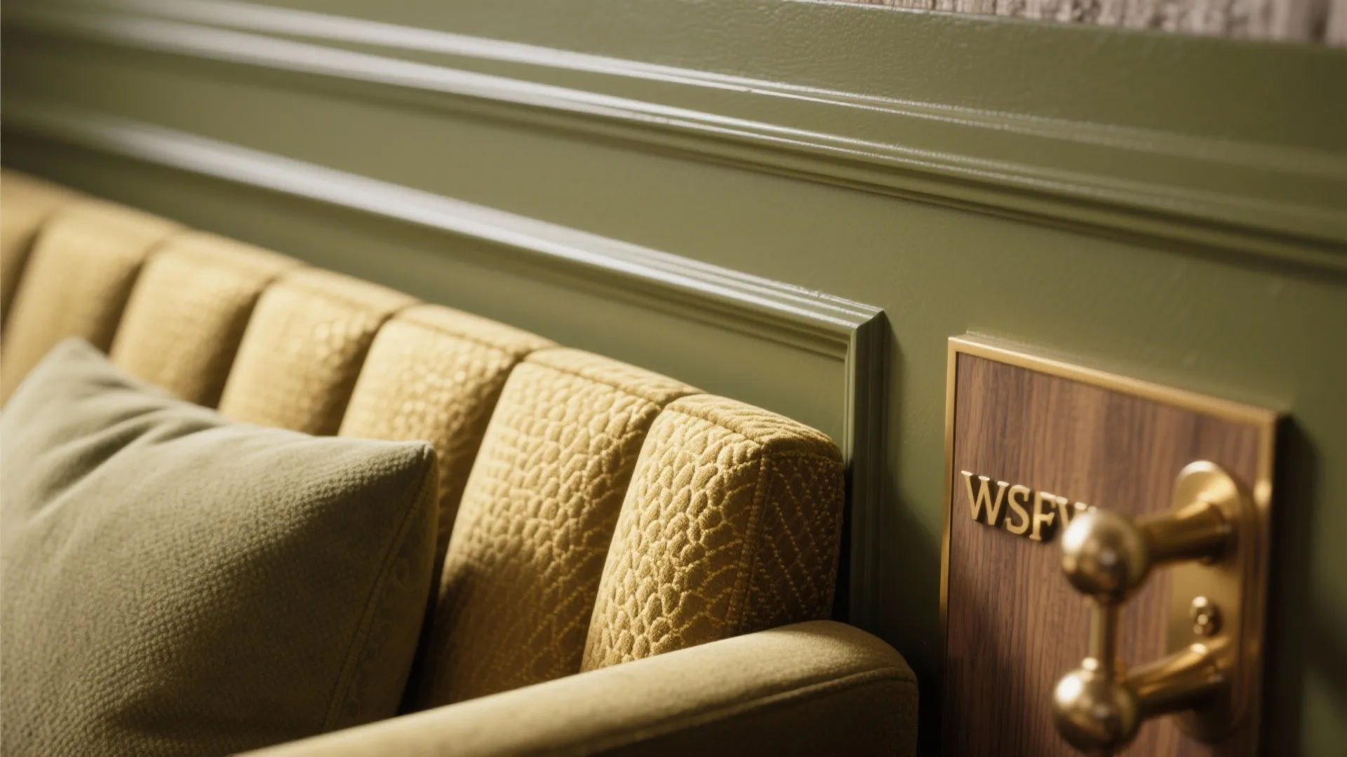 Close-up of olive-gold wall paint with textured fabric swatch and warm brass hardware highlighting golden undertones.